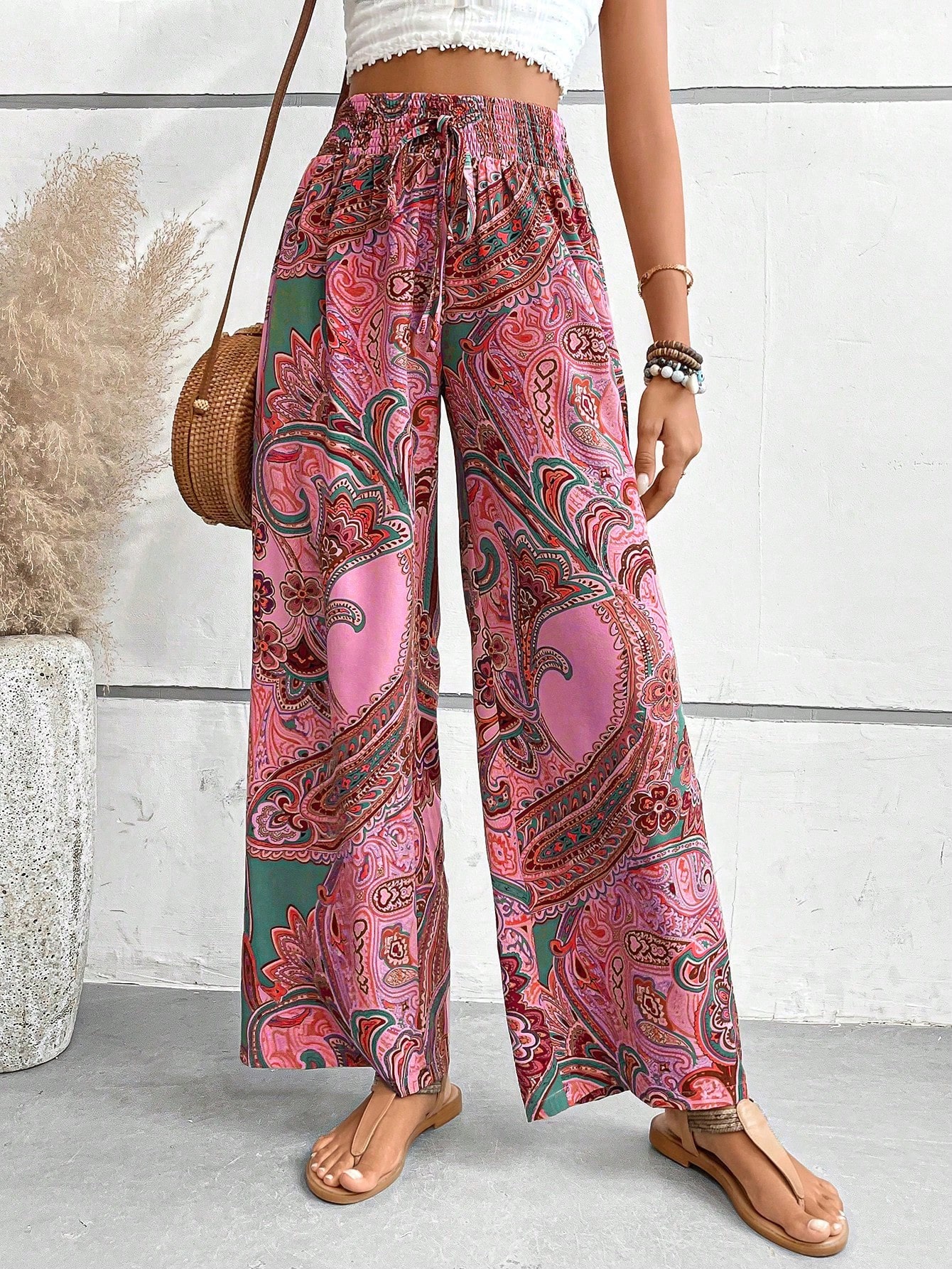 Women's Cashew Print High Waist Drawstring Tie Long Pants