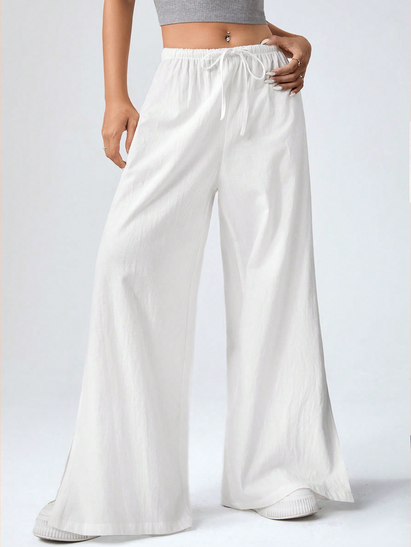 Women's White Woven Long Pants With Drawstring Waist, Side Slit Details