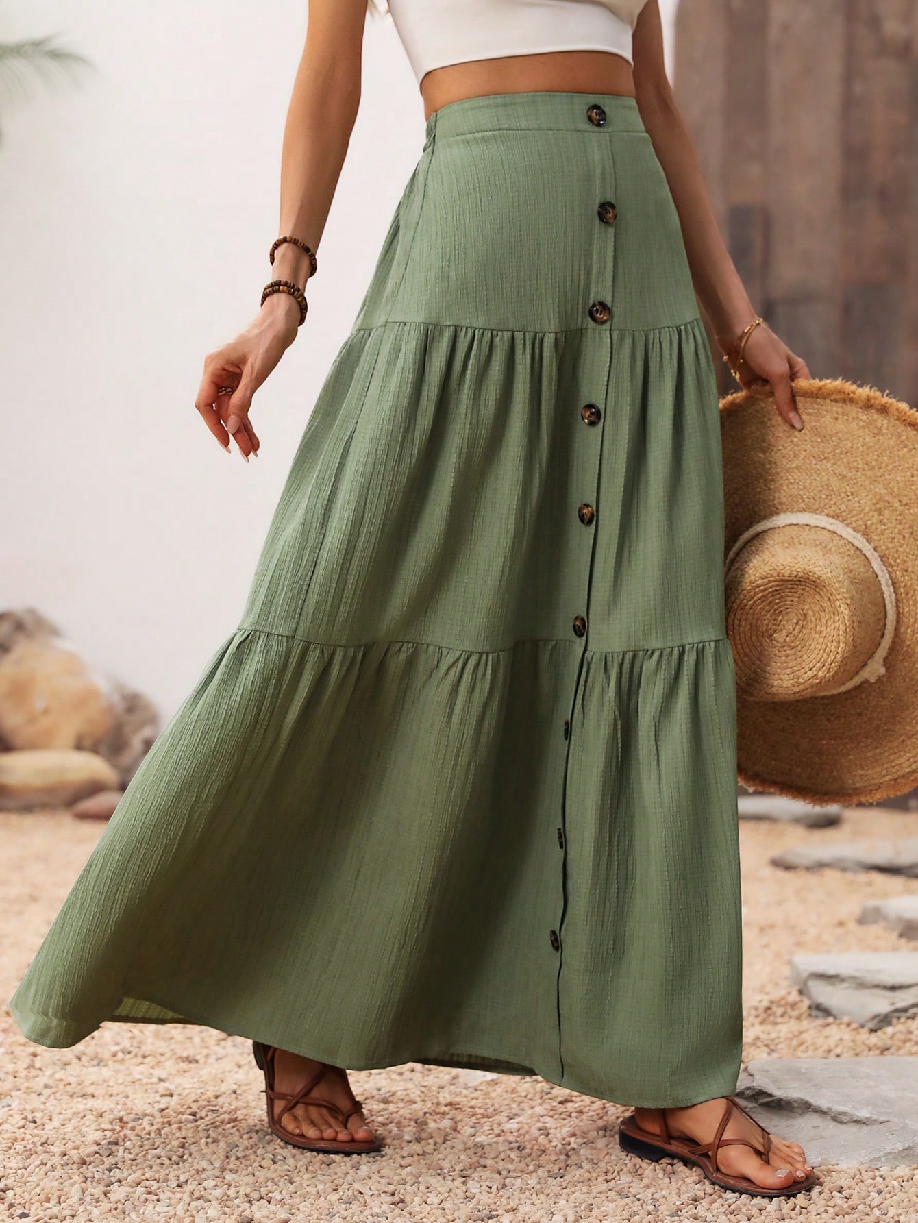 Solid Color Front Button Skirt