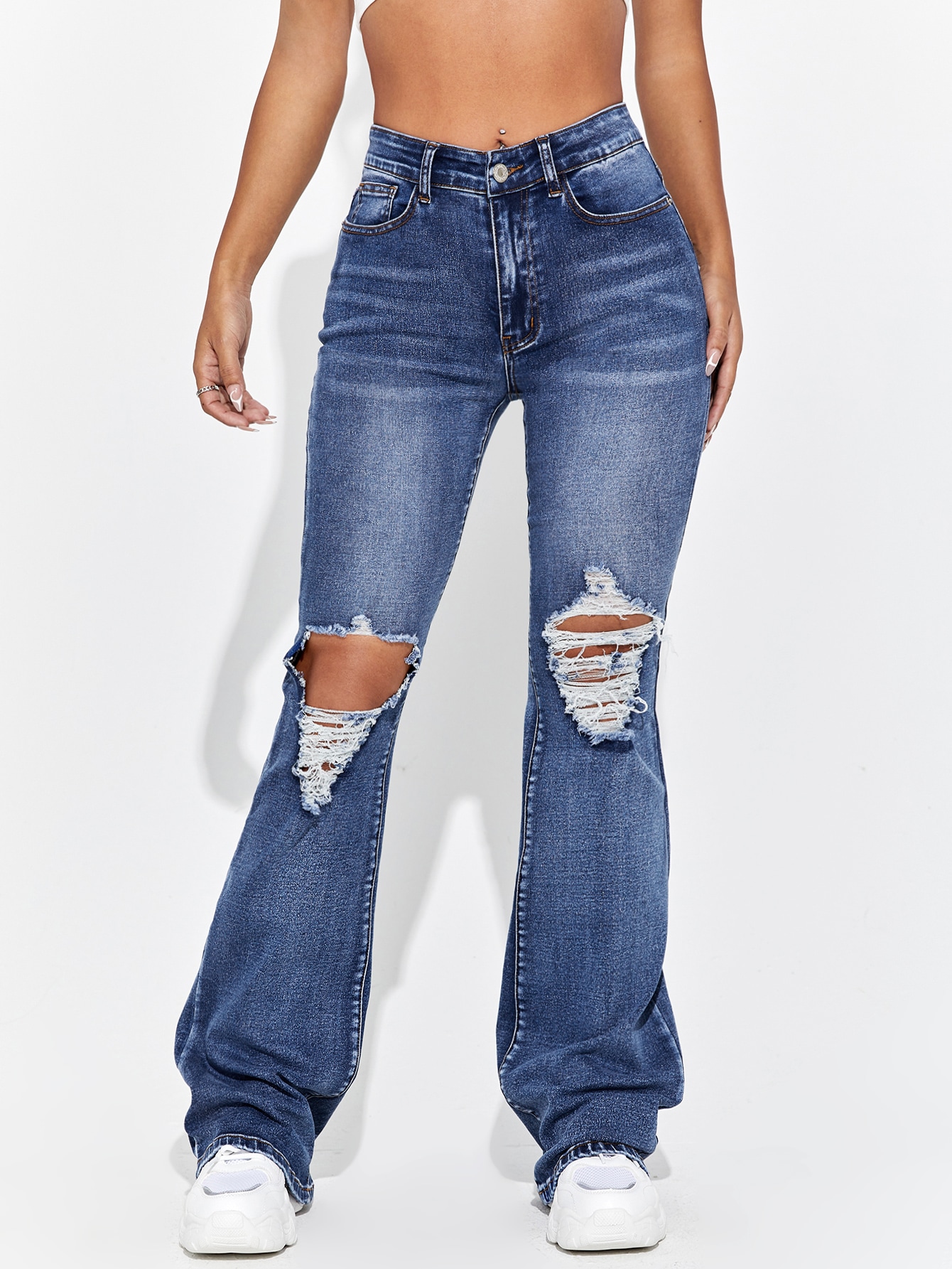 Cut Out Ripped Frayed Flare Leg Jeans