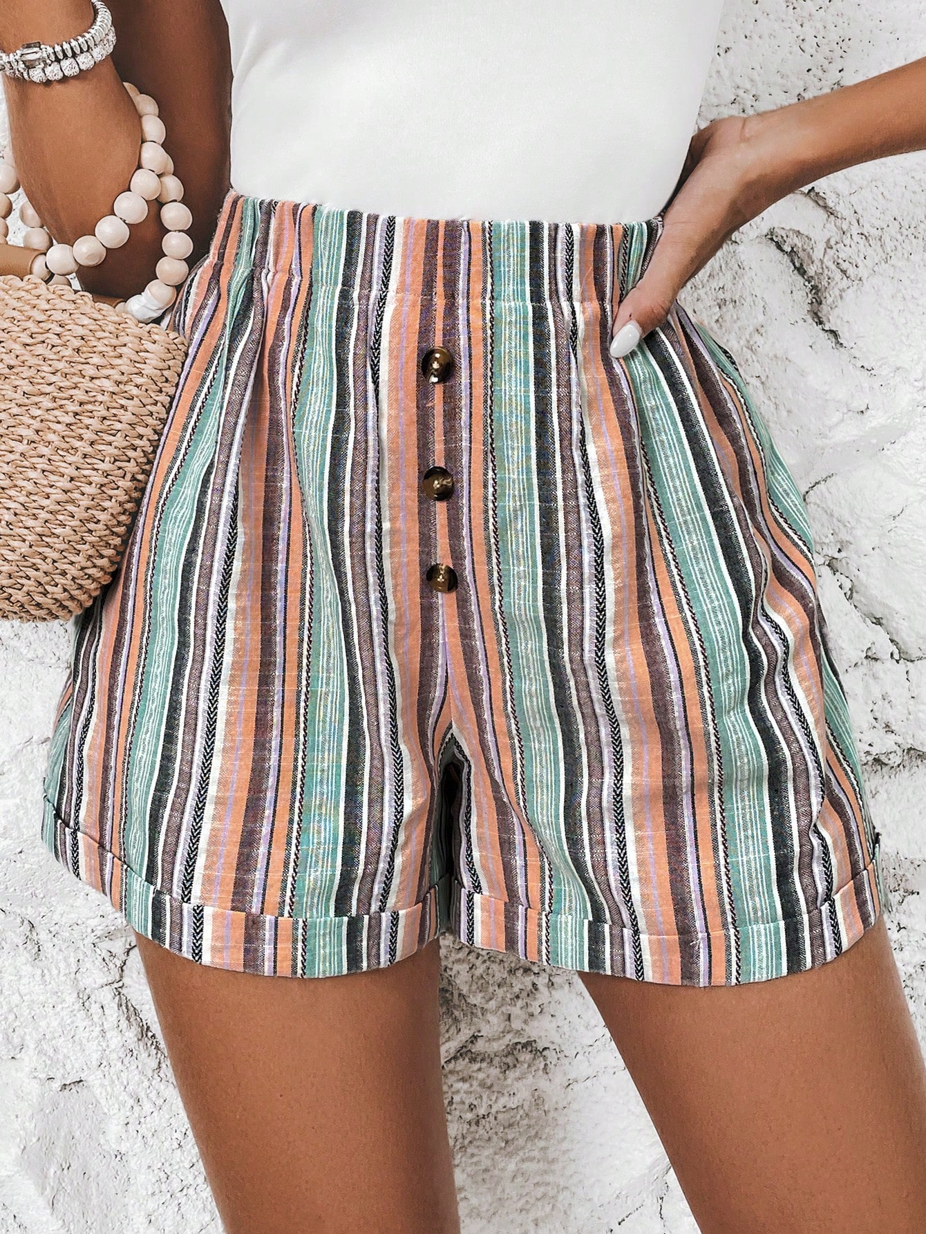 Striped Print Button Front Roll Up Hem Shorts