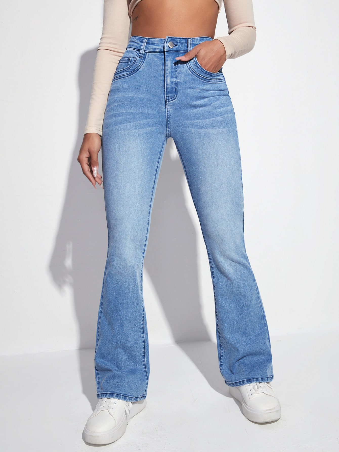 High Waist Bleach Wash Flare Leg Jeans