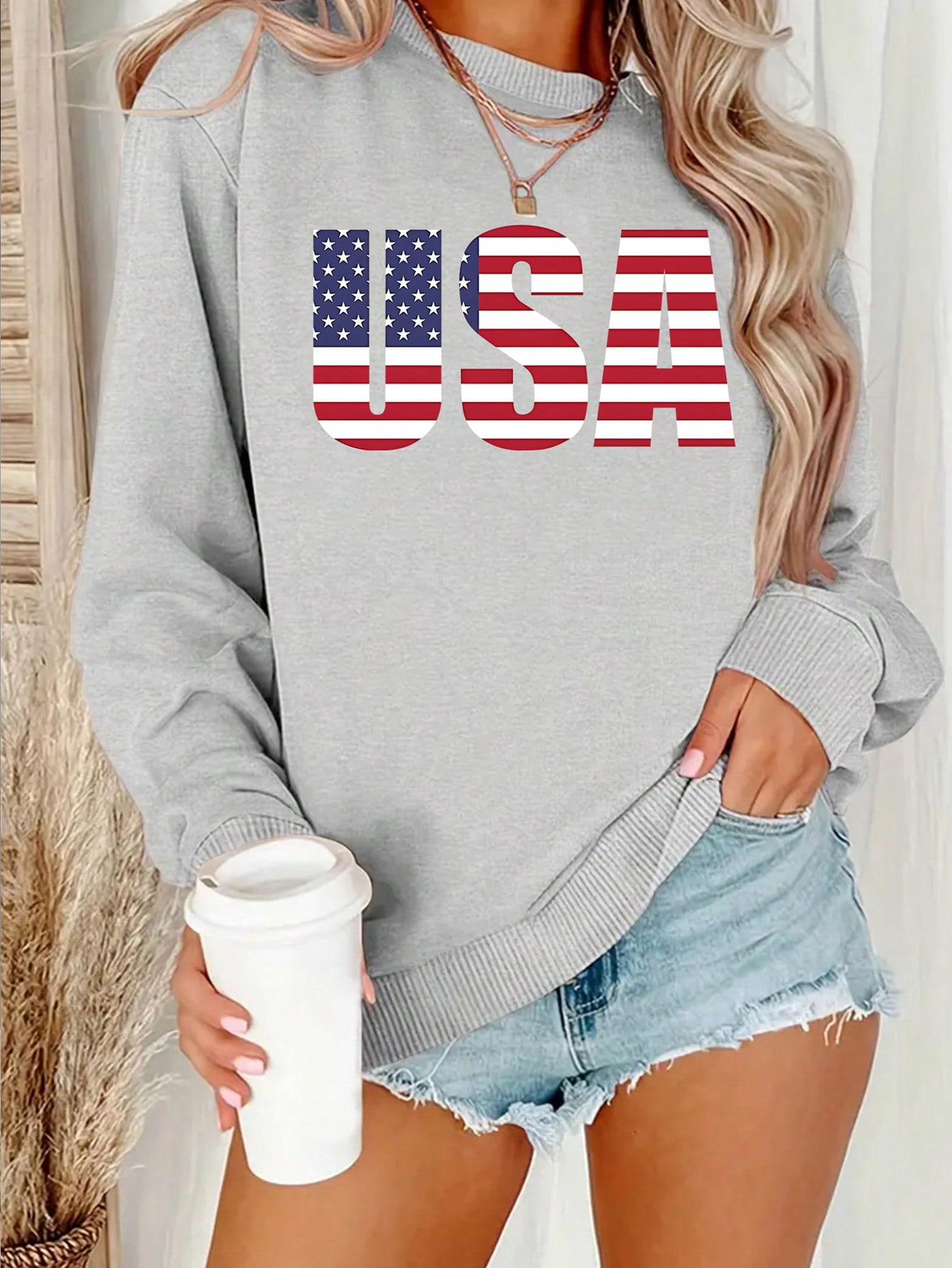 Fashionable Design Usa Letter Print Women's Casual Simple Round Neck Sweatshirt