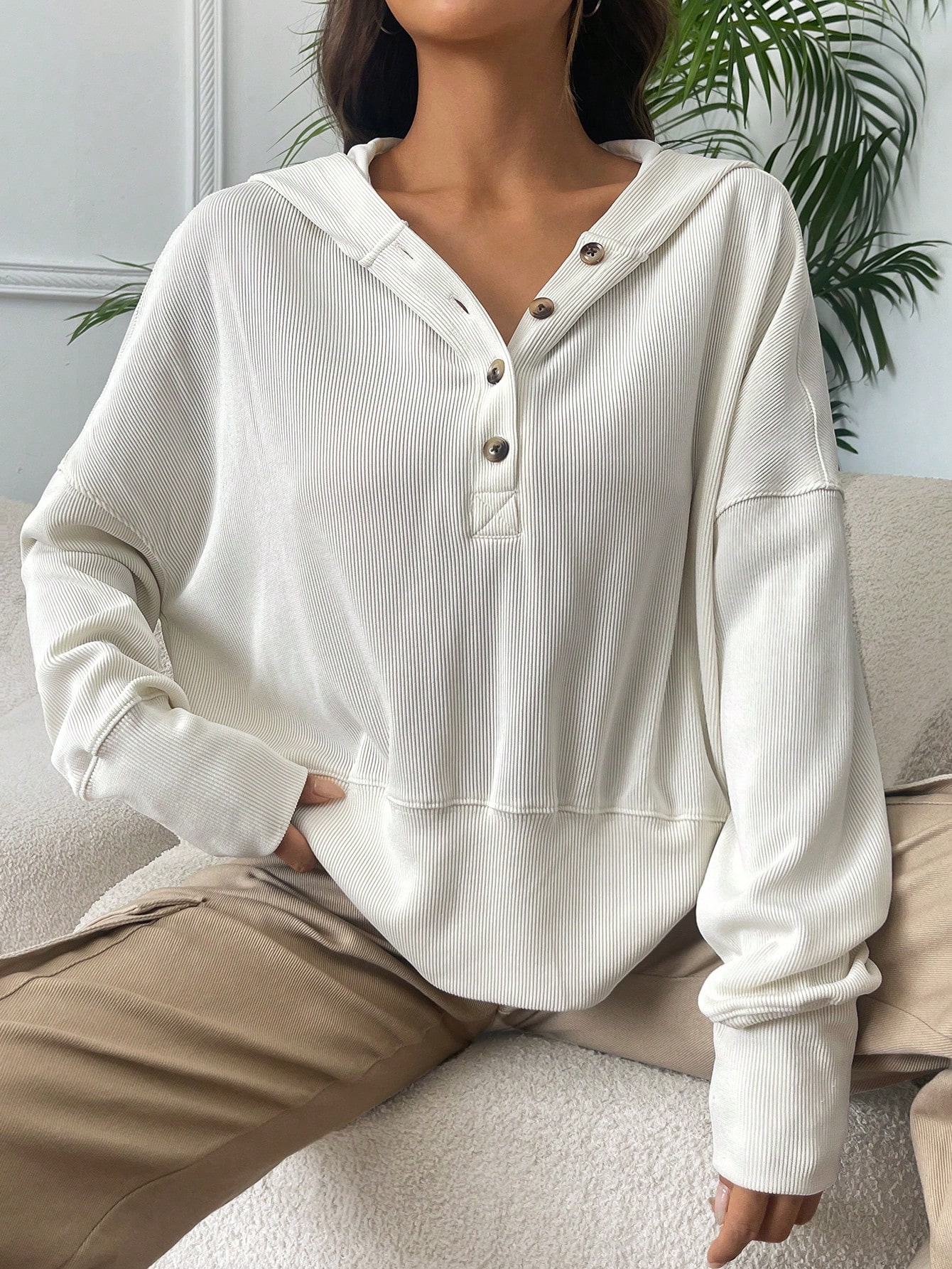 Half Button Drop Shoulder Hoodie