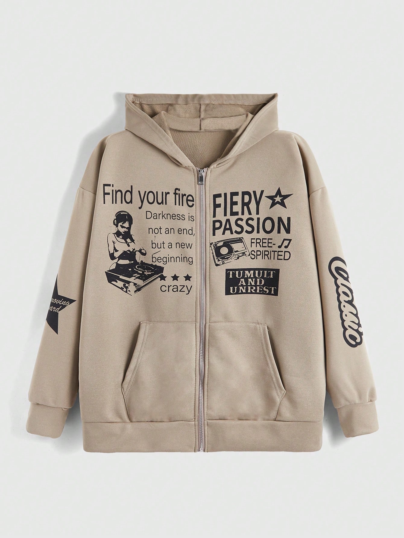 ROMWE Grunge Punk Grunge American Vintage Collage Slogan Print Loose Fit Hooded Cardigan, Hip-Hop Streetwear