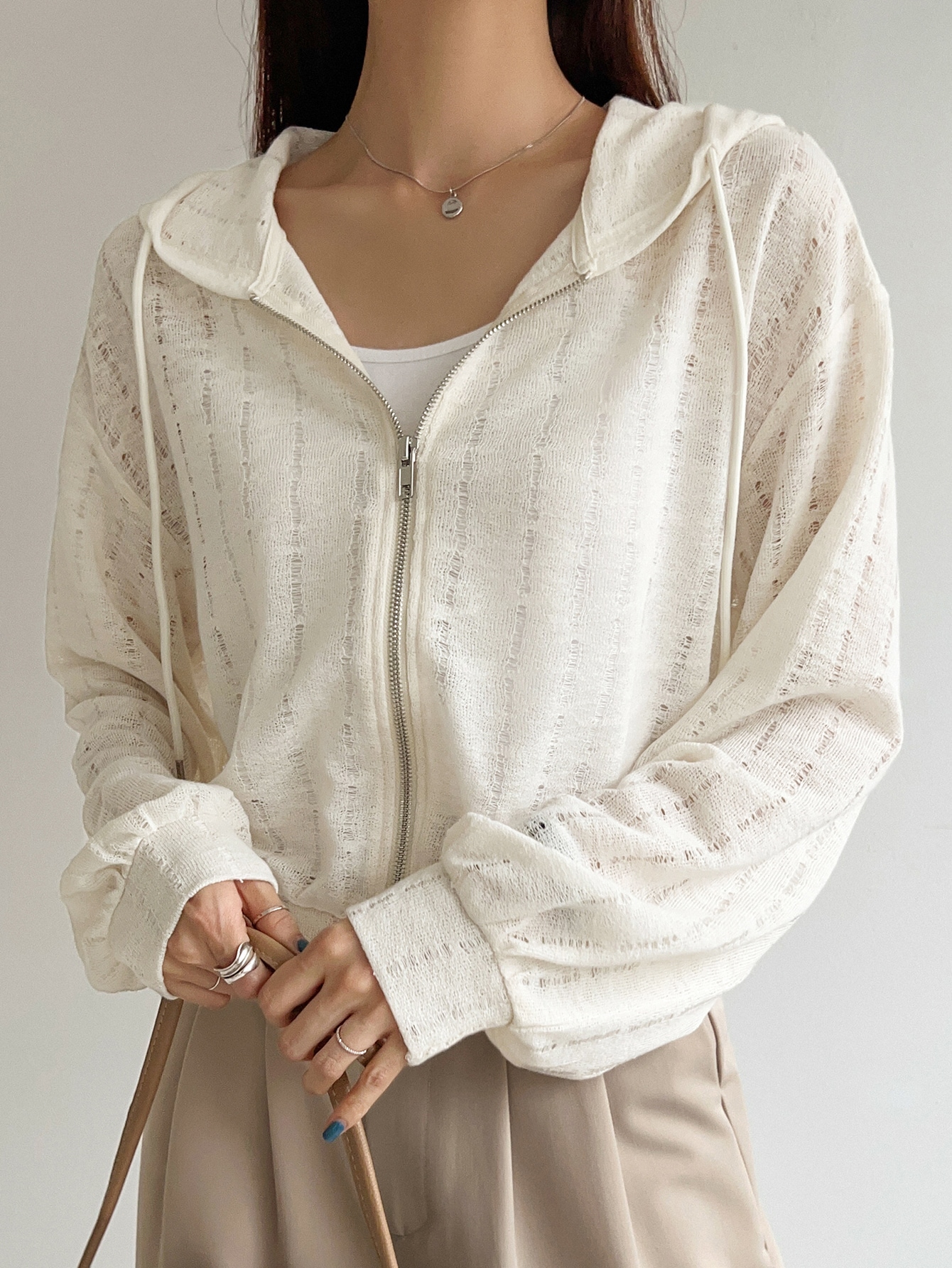 Solid Zip Up Drop Shoulder Hoodie