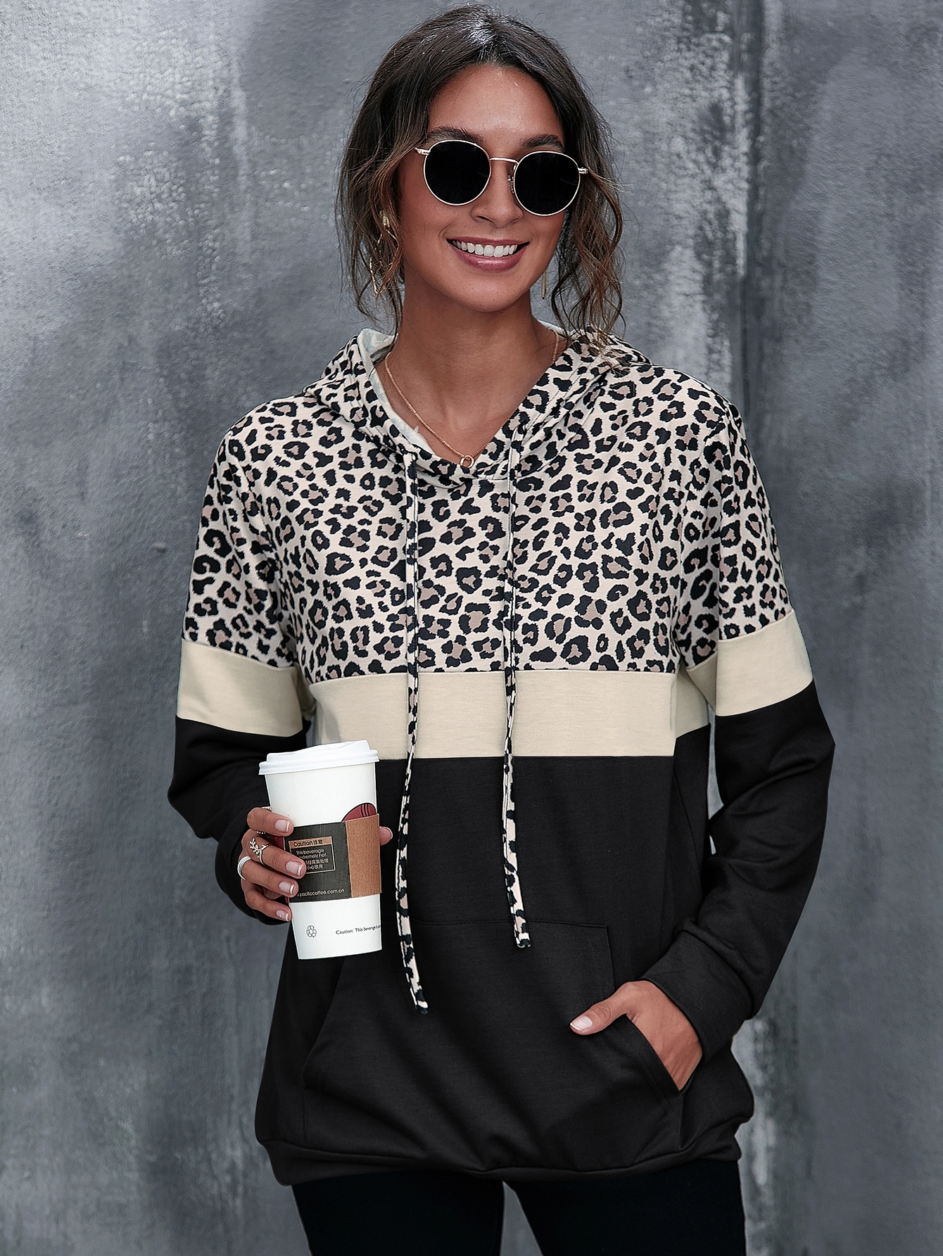 Kangaroo Pocket Leopard Print Color Block Hoodie