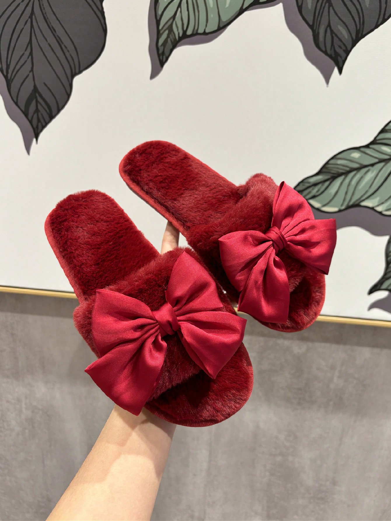 Women's Elegant Plush Burgundy Flat Plush Slippers With Bow, Perfect For Valentine's Day, Party And Indoor Home Use