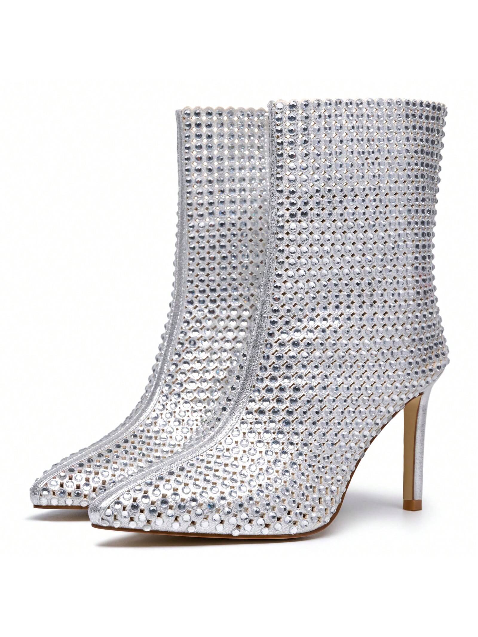 Sexy Stiletto High Heels Sparkly Rhinestone Boots Hollow Out Ankle Boots