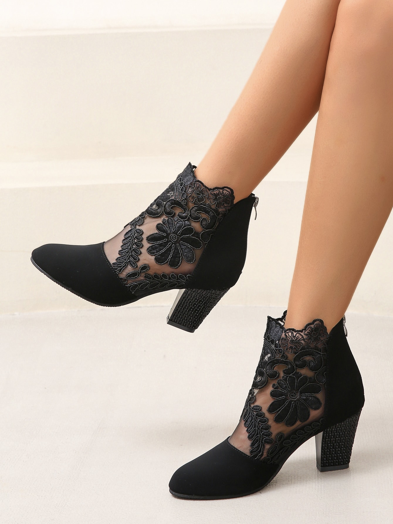 Floral Embroidered Mesh Panel Zip Back Heeled Faux Suede Boots