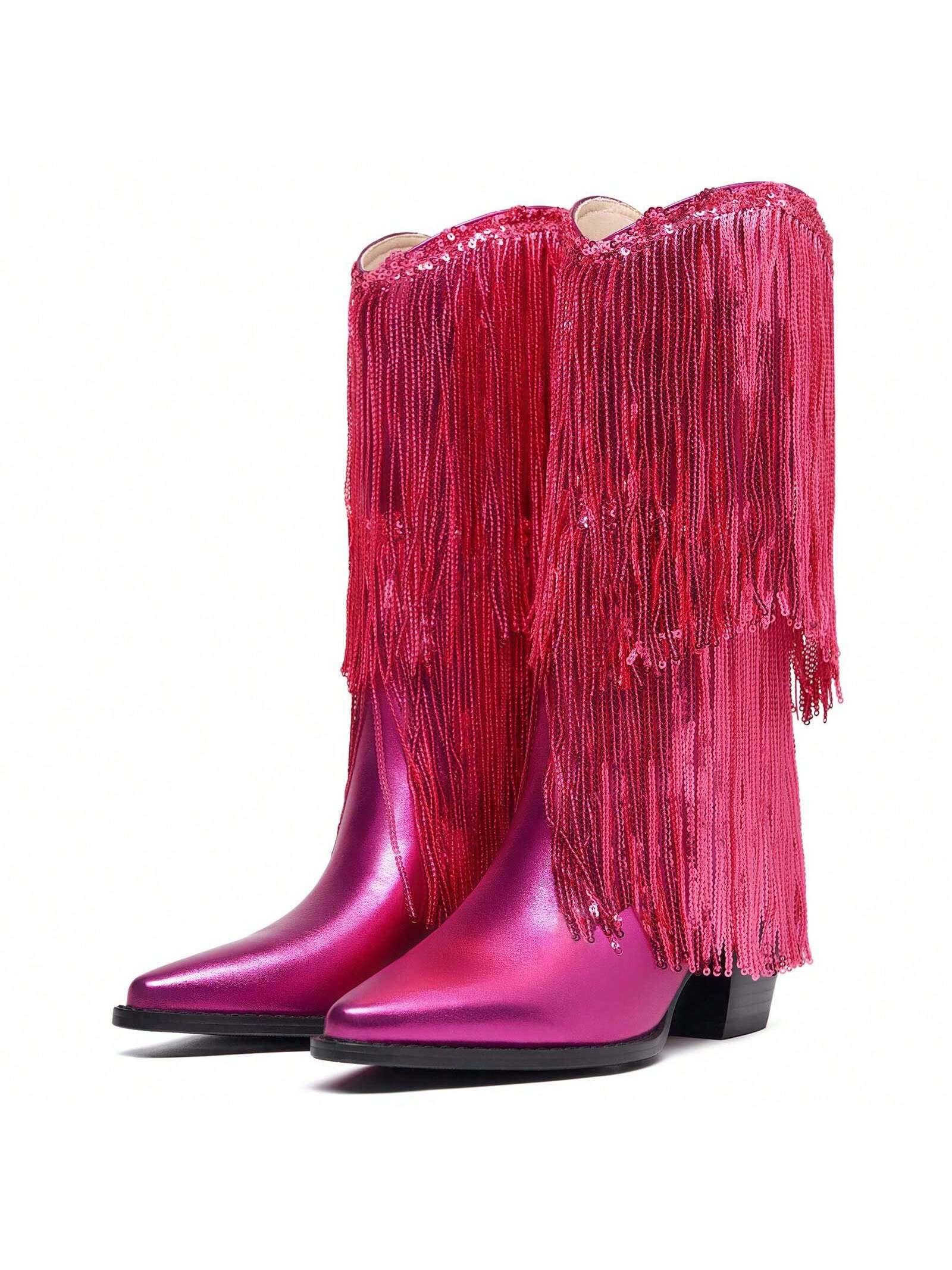 Sparkly Glitter Metallic Fringe Sequin Mid Calf Cowgirl Boots