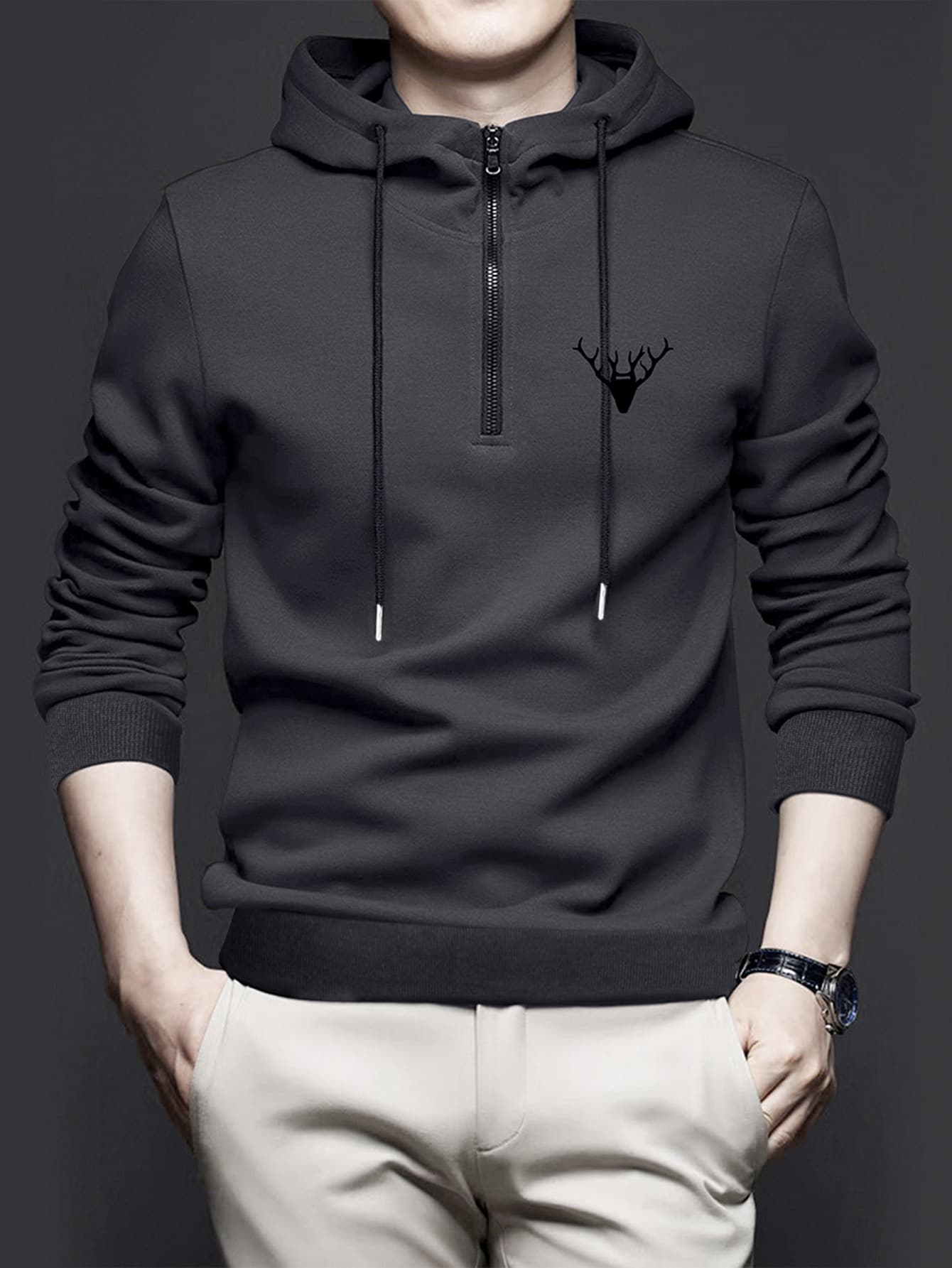 Manfinity Homme Men Deer Embroidery Quarter Zipper Drawstring Hoodie