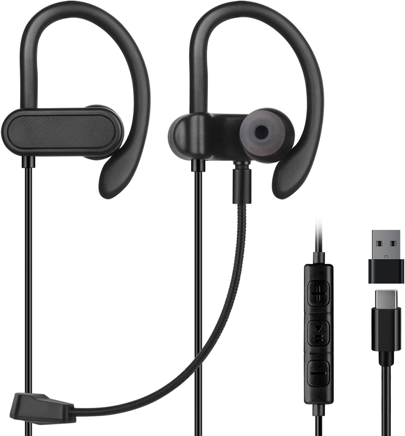 C G CHANGEEK USB-C & USB-A Earbuds with Boom Mic, Wrap-Around Ear Hooks, USB Headphones for Smartphones & PCs, Dual Clear Micpho