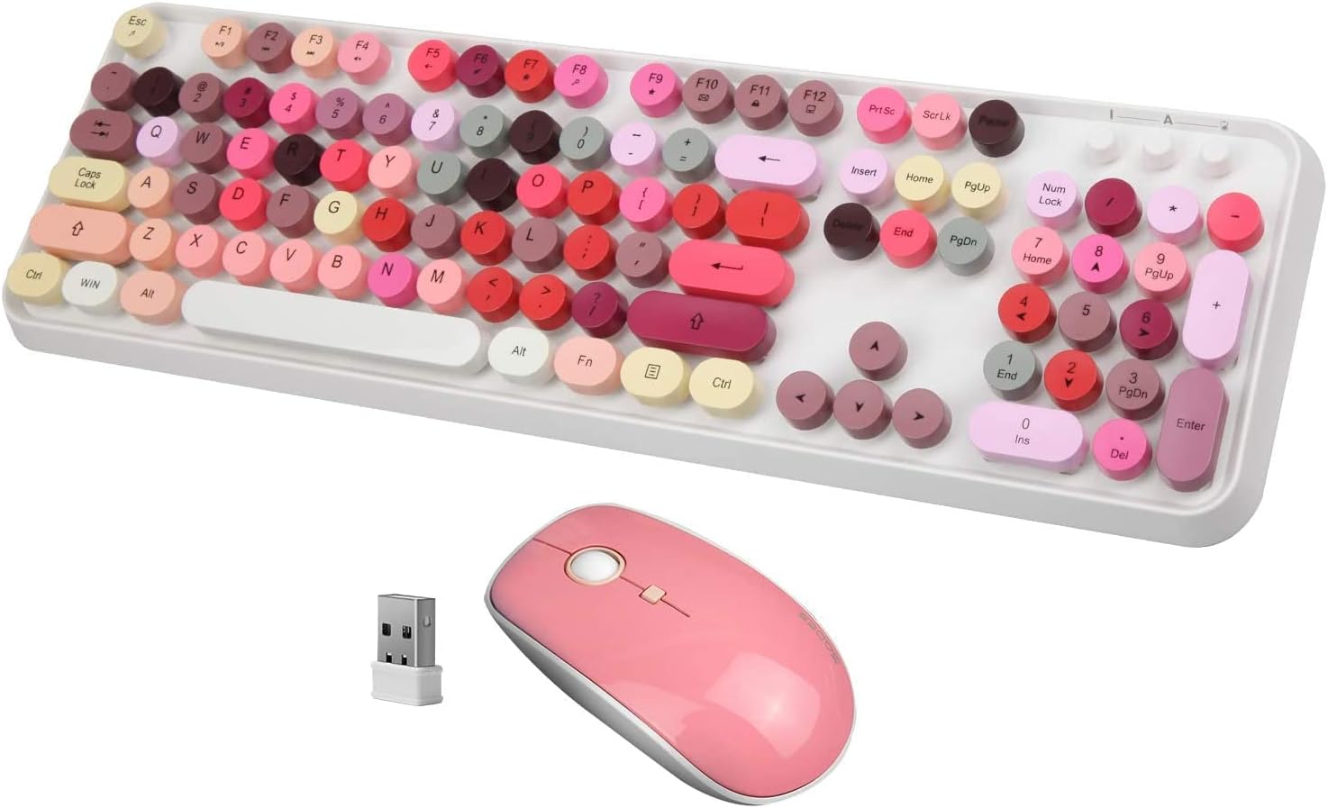 Letton Keyboard and Mouse Wireless, Cute Retro Pink Colorful Wireless Keyboard with Round Keycaps, 2.4GHz Wireless Typewriter Fu