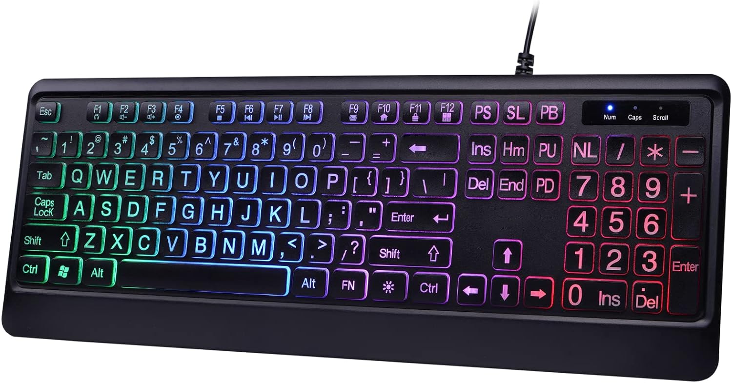 Backlit Wired Keyboard - Large Print Computer Keyboards with Rainbow Backlight, Silent USB Wired Keyboard, Light Up Keyboard for