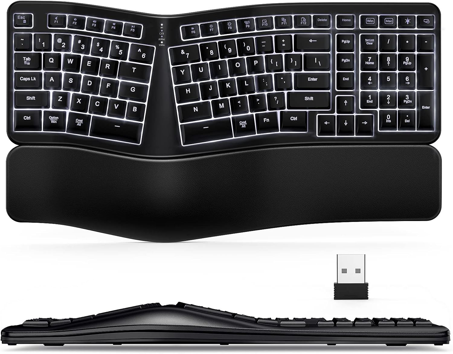 Backlit Wireless Ergonomic Keyboard, 2.4G USB Split Keyboard with Cushioned Wrist, Palm Support and Comfortable Typing, 104 Keys