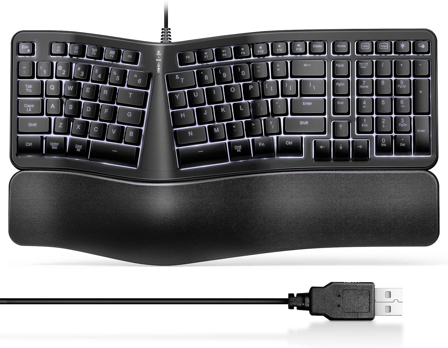 Backlit Wired Ergonomic Keyboard USB Split Keyboard with Wrist Rest and Comfortable Typing, 104 Keys, 10 Shortcuts for Windows, 