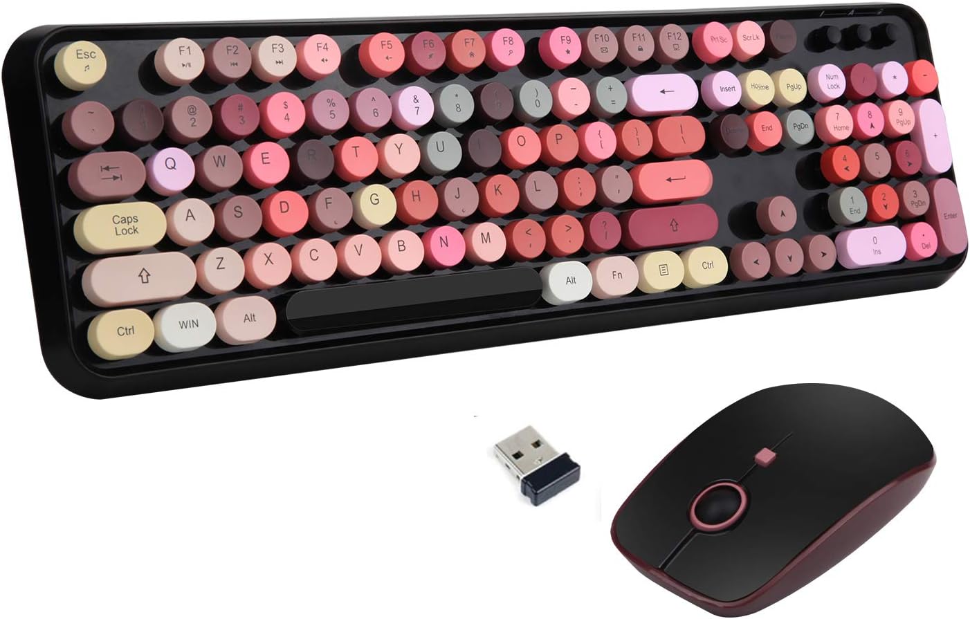 Letton USB Retro Typewriter Keyboard, Wireless Full Size with 104 Colorful Round Key and Cute Mouse with 3 DPI, 2.4GHz for Offic