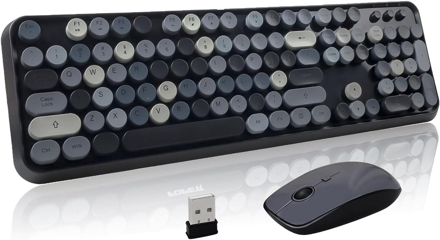 Wireless Keyboard Mouse Combo, 2.4GHz Typewriter Keyboard Wireless, Colorful Full Size Office Computer Retro Keyboard and Cute M