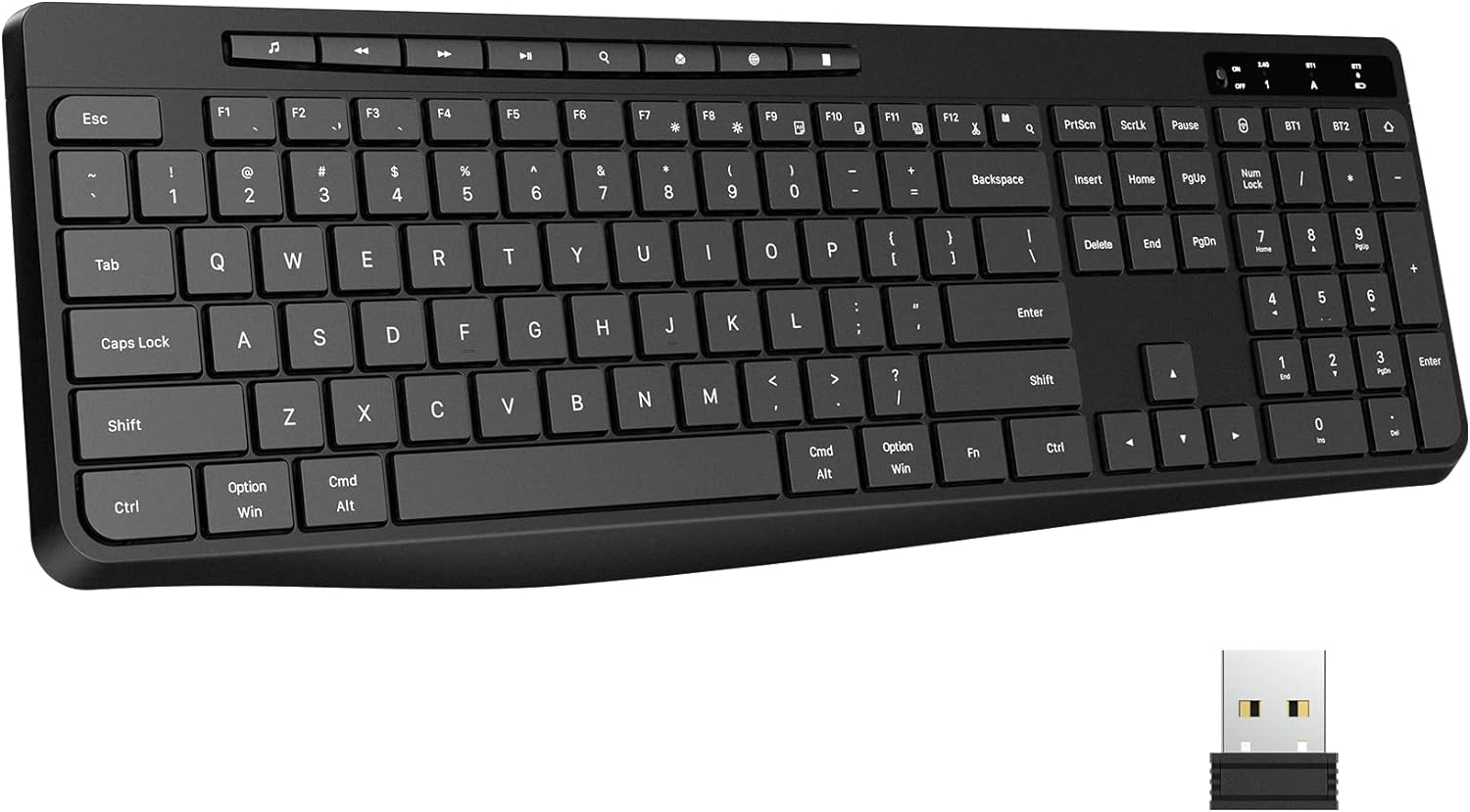 Wireless Keyboard Multi-Device, 2.4G & Dual Bluetooth Keyboard, Computer Keyboard with 8 Multimedia Keys, Ergonomic Full-Size PC