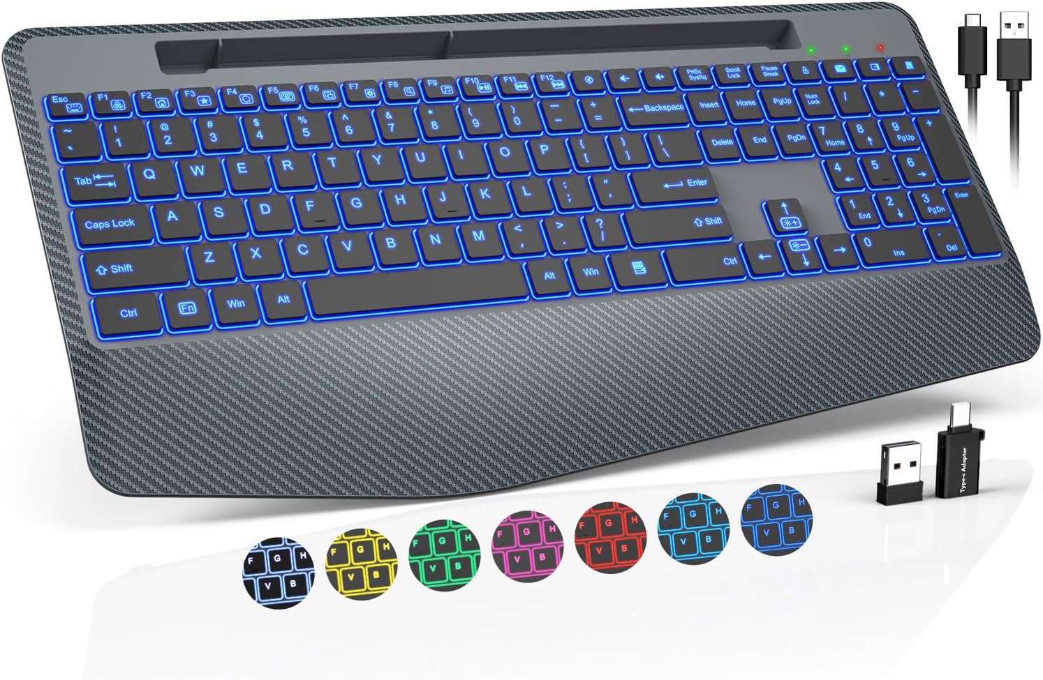 Wireless Keyboard with 7 Colored Backlits, Wrist Rest, Phone Holder, Rechargeable Ergonomic Computer Keyboard with Silent Keys, 