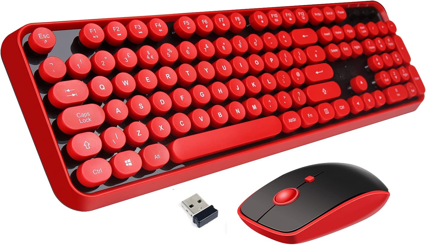 Red Wireless Keyboard Mouse Combo, 2.4GHz Wireless Typewriter Keyboard with 104 Cute Retro Round Keys, Letton Full Size Wireless