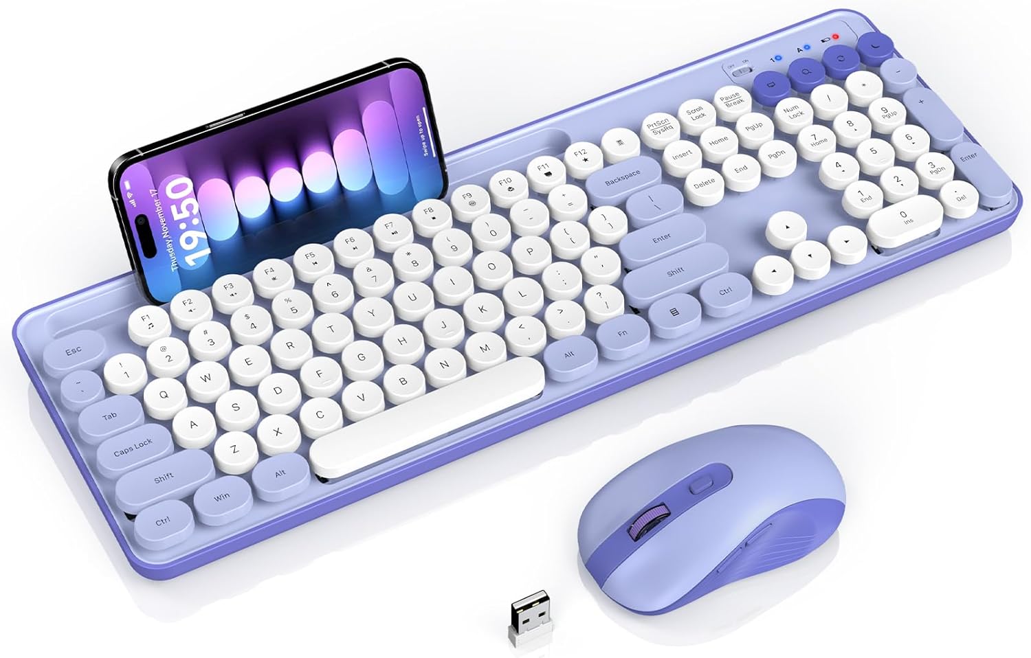 Wireless Keyboard and Mouse Combo, Retro Round Keycap Typewriter Keyboard with Phone/Tablet Holder, Cute Colorful Keyboard for C