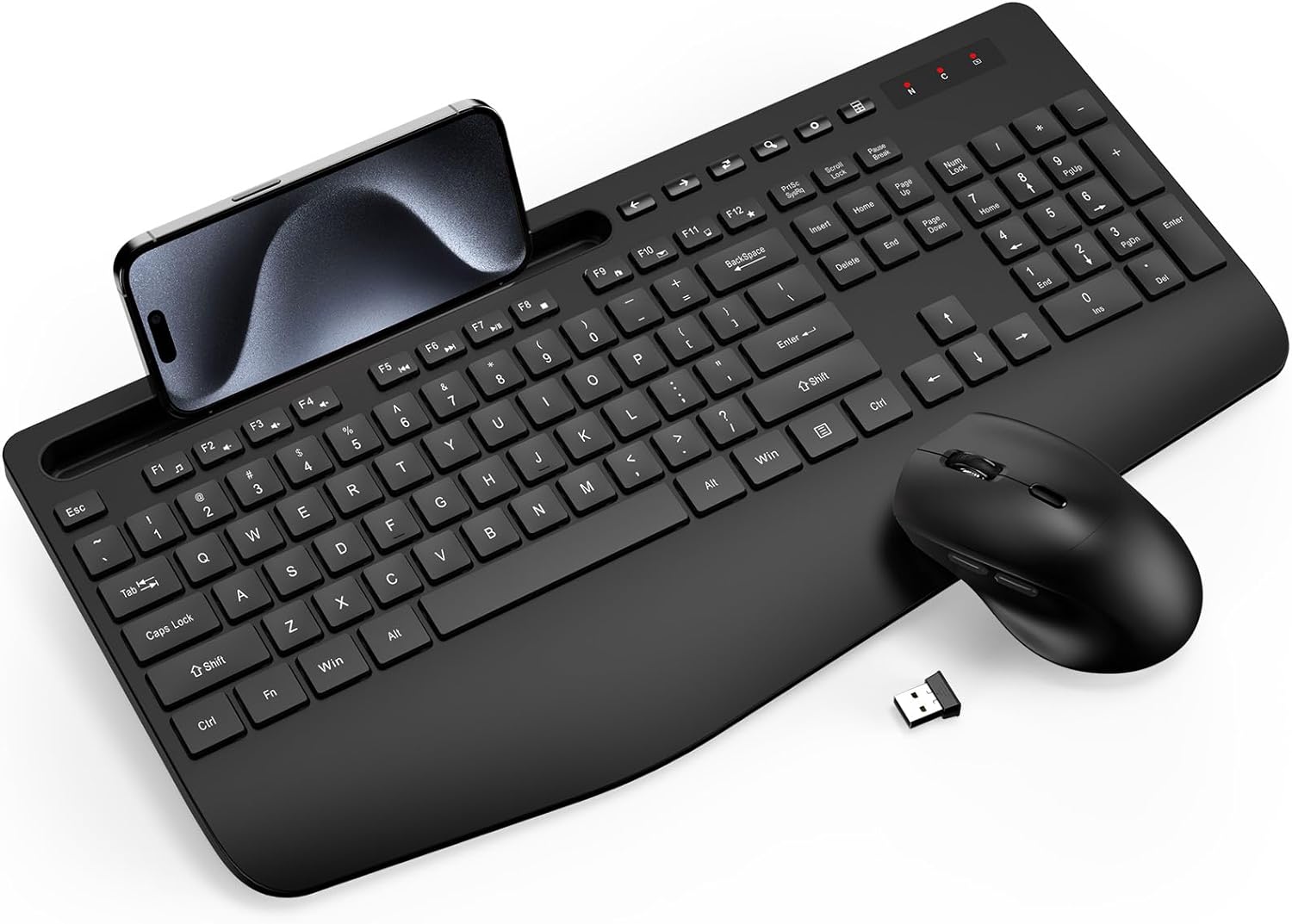 Wireless Keyboard and Mouse Combo - Full-Sized Ergonomic Keyboard with Wrist Rest, Phone Holder, Sleep Mode, Silent 2.4GHz Cordl