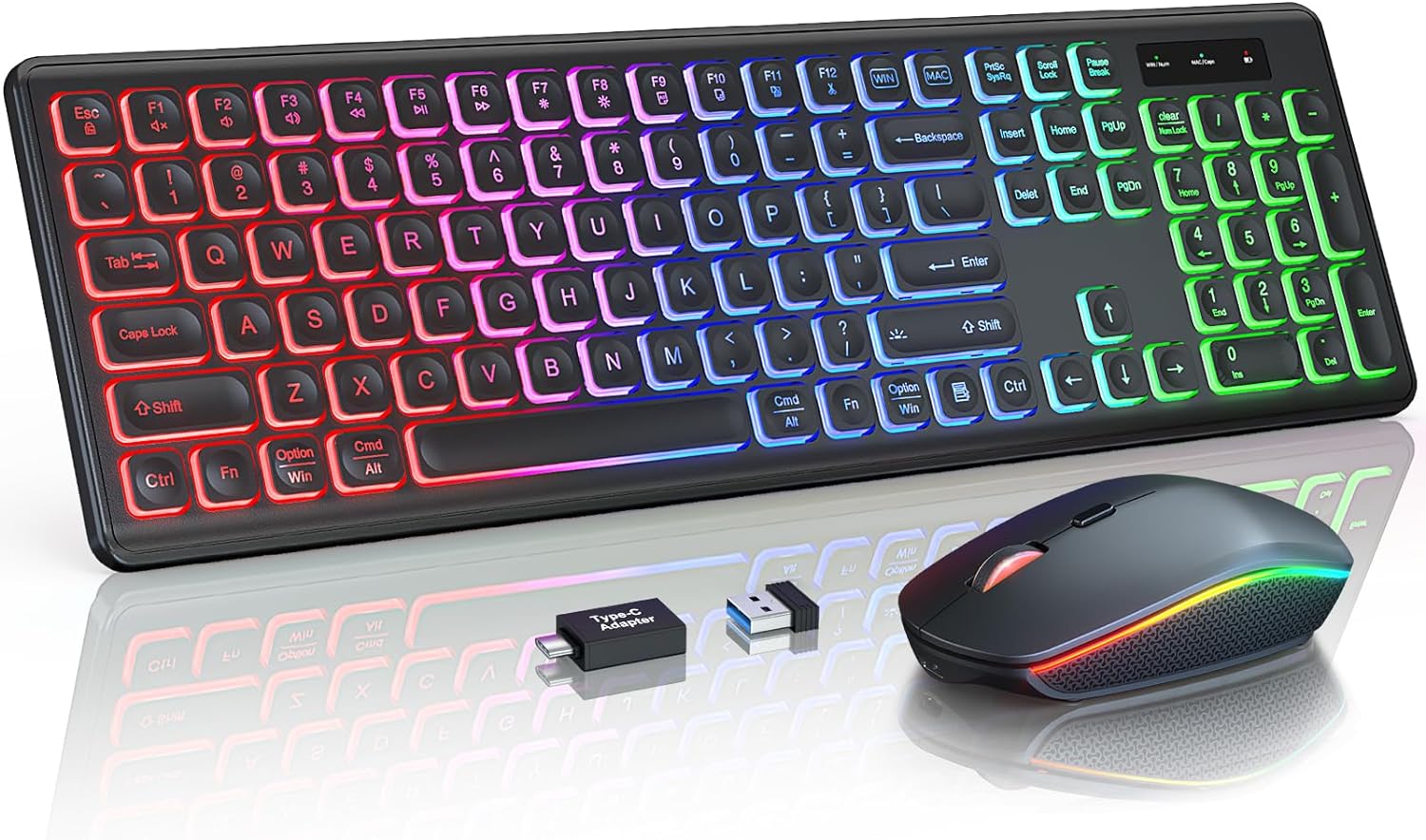 Wireless Keyboard and Mouse Combo - RGB Backlit, Rechargeable & Light Up Letters, Full-Size, Ergonomic Tilt Angle, Sleep Mode, 2