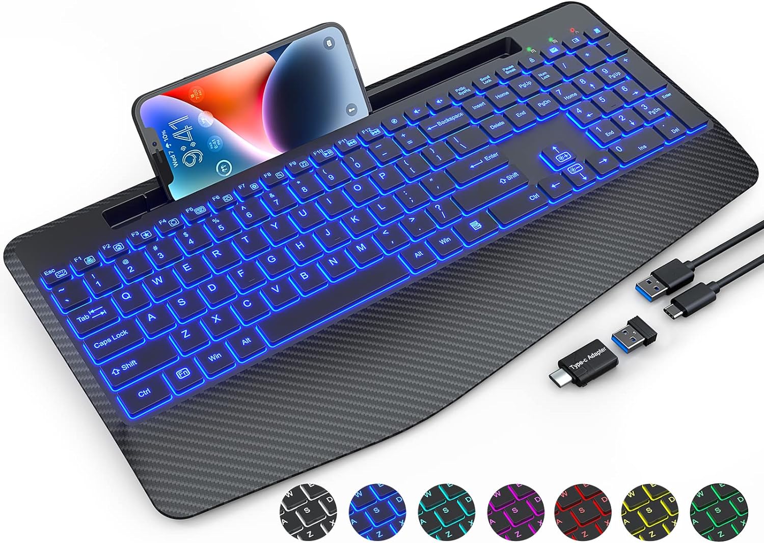 Wireless Keyboard with 7 Colored Backlits, Wrist Rest, 2.4G Computer Gaming Keyboard with Phone Holder, Rechargeable Full Size E