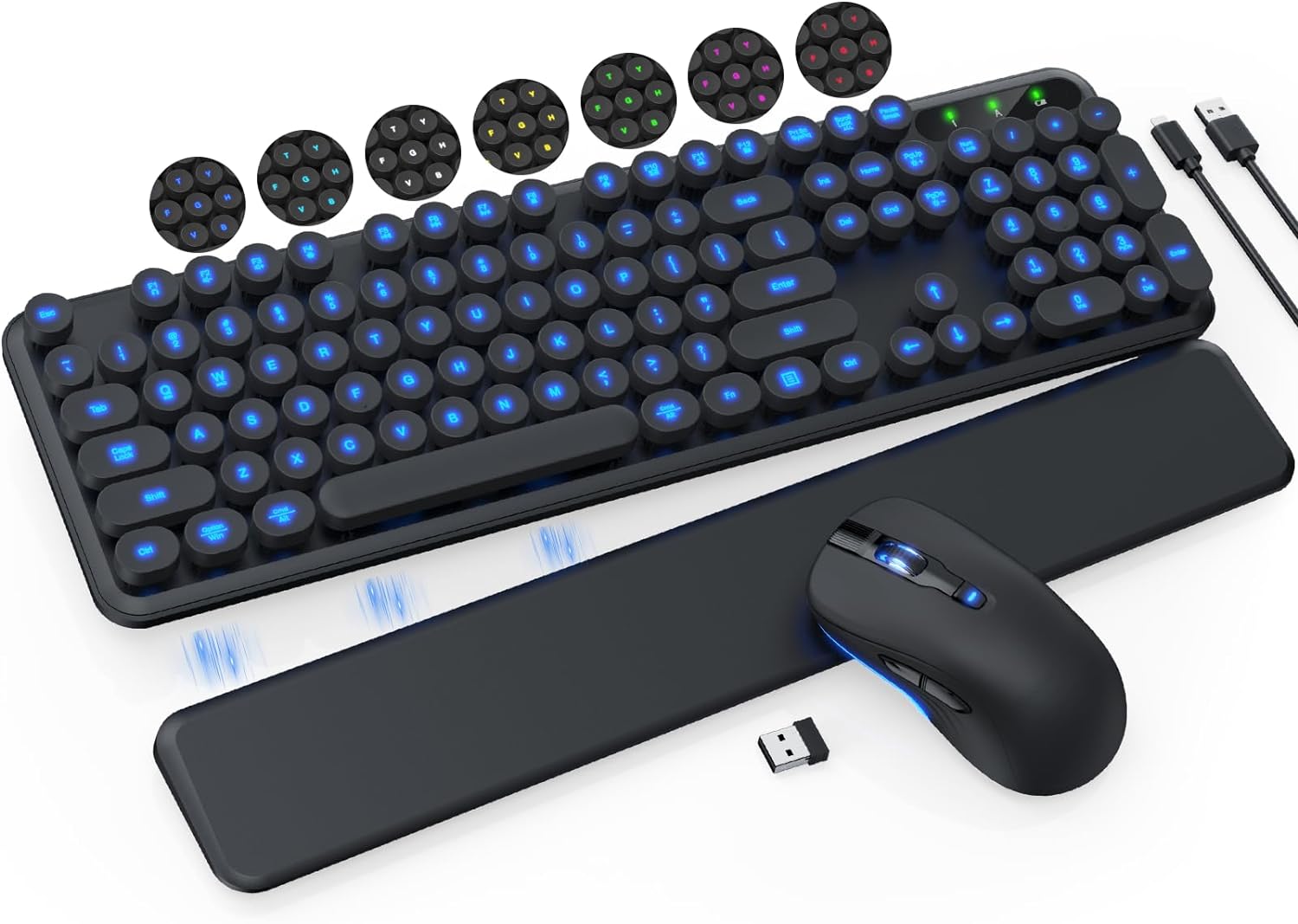 Wireless Keyboard and Mouse Combo - Light Up Letters, Magnetic Wrist Rest, Rechargeable Ergonomic Keyboard with Retro Typewriter