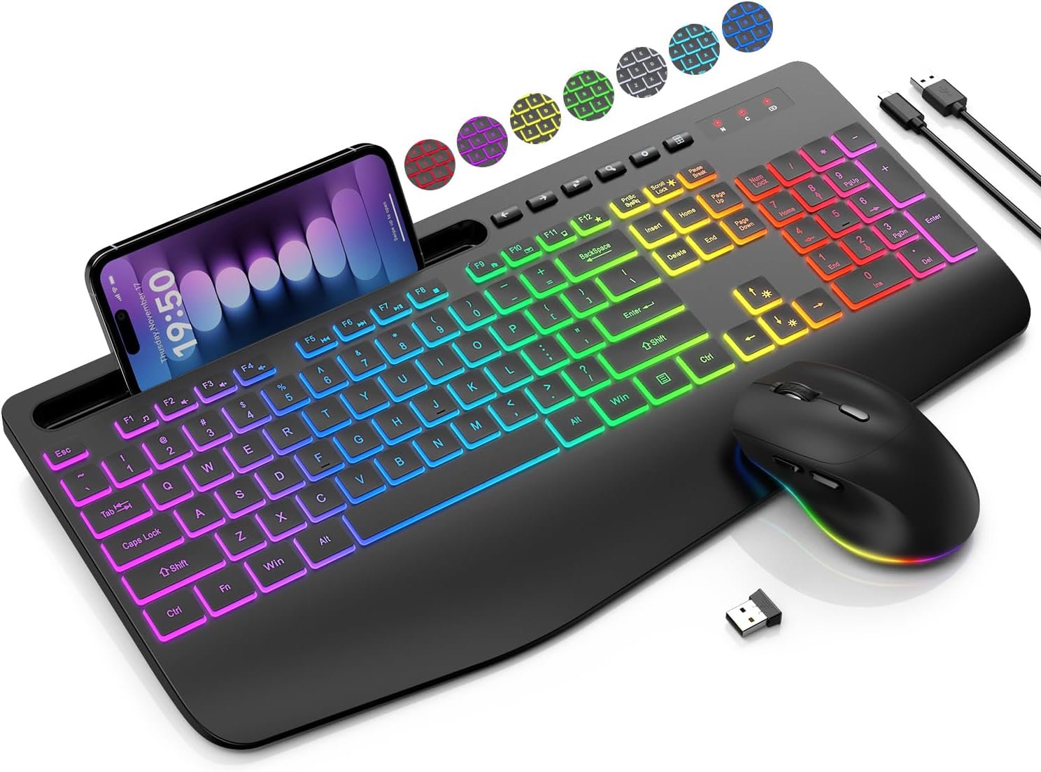 Wireless Keyboard and Mouse Combo, 9 Backlit Effects, Wrist Rest, Phone Holder, 2.4G Lag-Free Ergonomic Keyboards, Rechargeable 