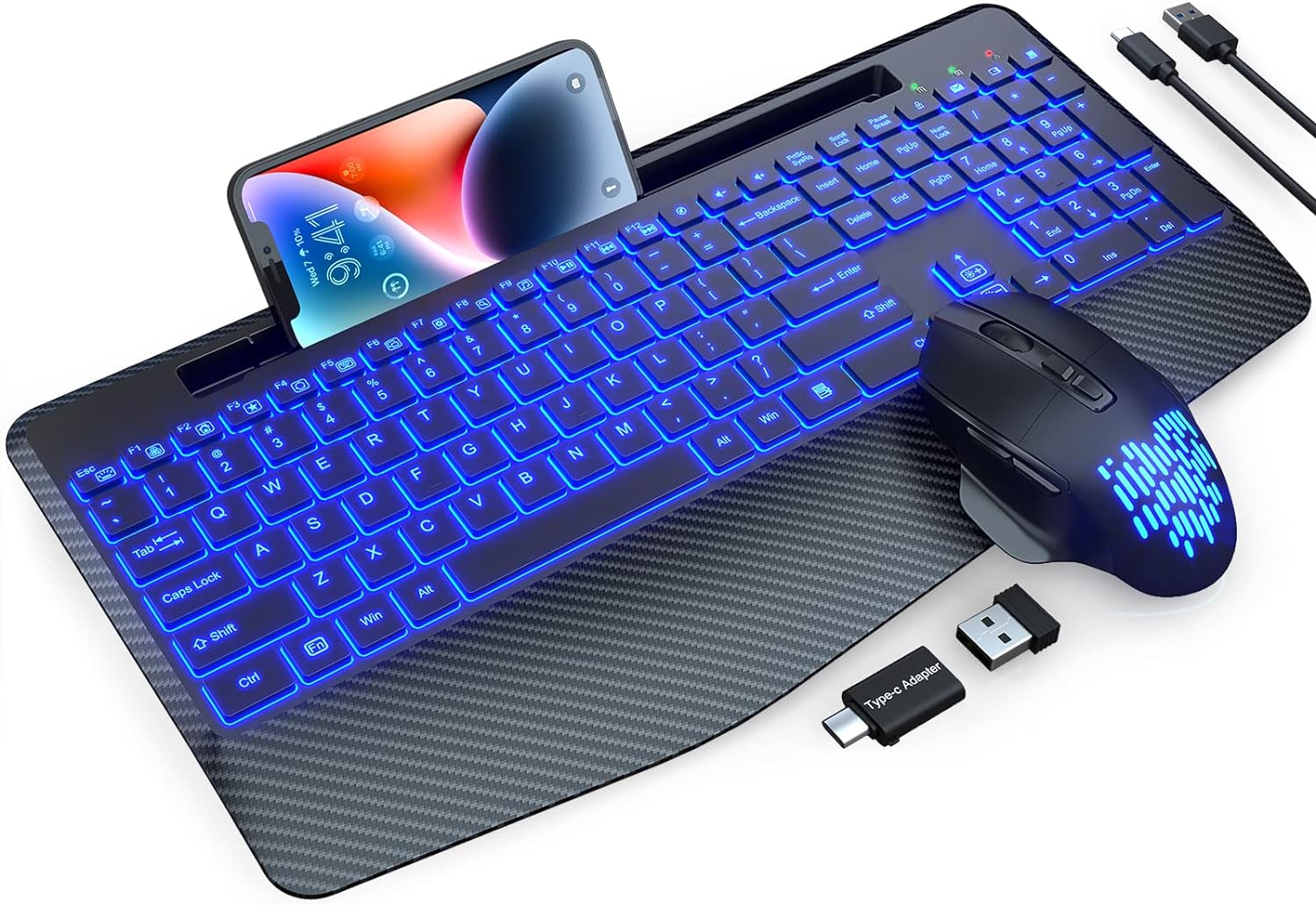 Wireless Keyboard and Mouse Backlits, Wrist Rest, Jiggler Mouse, Rechargeable Ergonomic Keyboard with Phone Holder, Silent Light