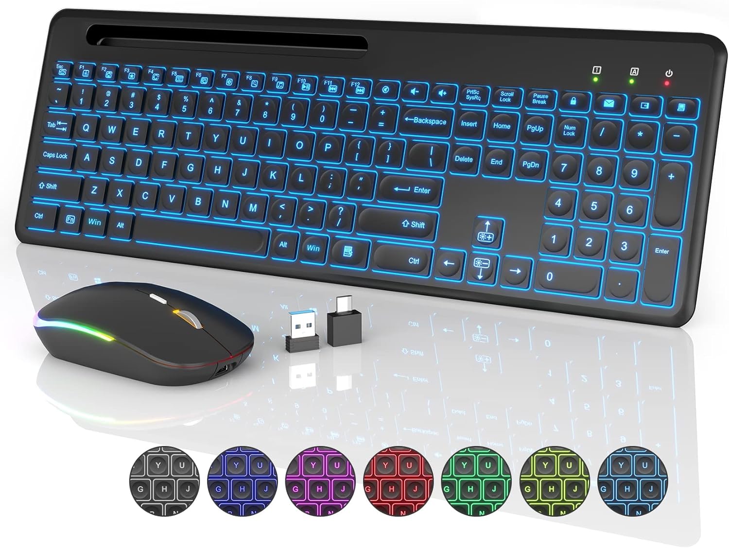 Wireless Keyboard and Mouse, 7 Backlit Effects, Quiet Light Up Keys, Sleep Mode, Phone Holder - Rechargeable Cordless Combo with