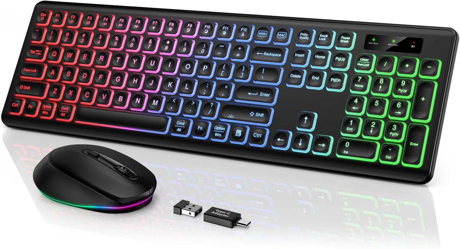 Wireless Keyboard and Mouse Backlit, Quiet Light Up Keys, Tilt Legs, Sleep Mode - Rechargeable USB Cordless Combo for Computer, 