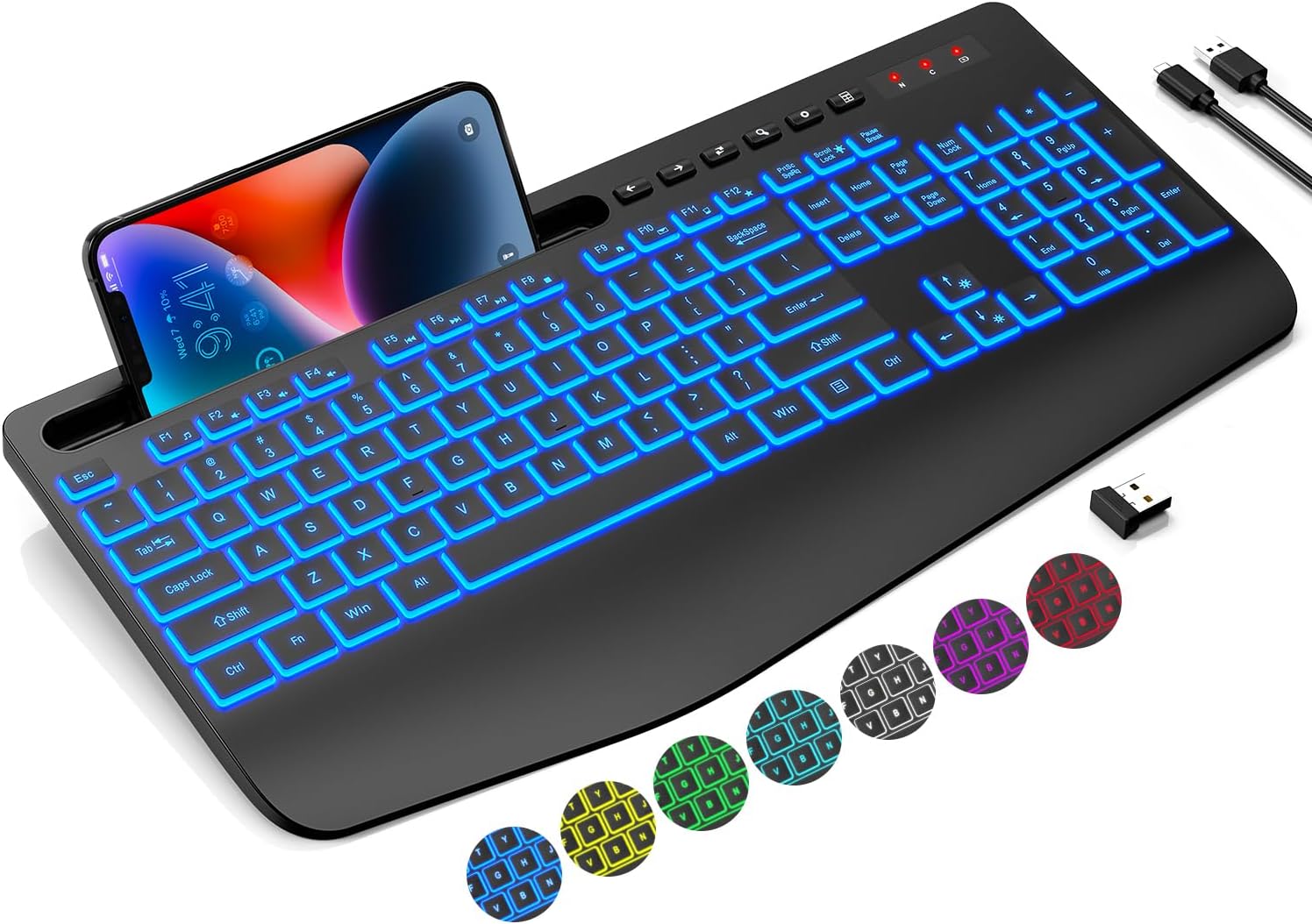 Wireless Keyboard with 7 Colored Backlits, Wrist Rest, Rechargeable Ergonomic Keyboard with Phone Holder, Silent Lighted Full Si