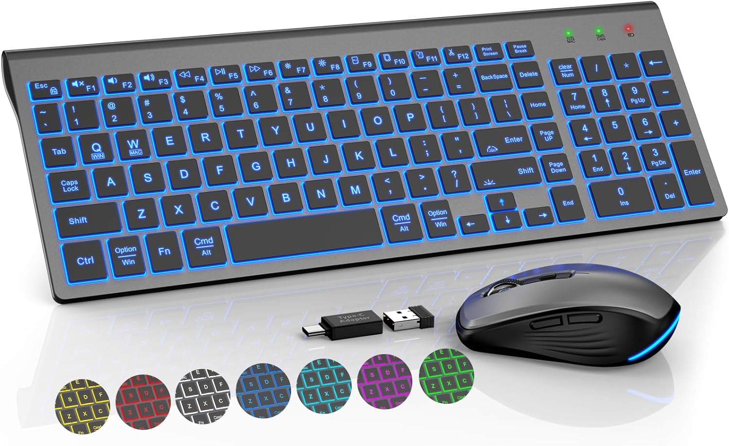 WisFox Wireless Keyboard and Mouse Backlit, Ultra Slim Quiet Keyboard with RGB Mouse, Rechargeable, Compact, Sleep Mode, Portabl