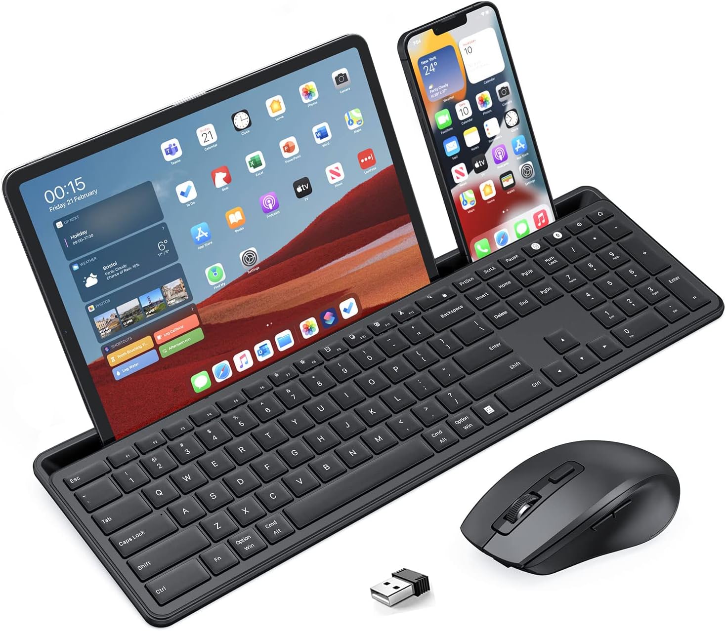 Bluetooth Keyboard and Mouse Compatible for Mac and Windows, Rechargeable Multi Device Keyboard Mouse with Phone Holder, Full Si