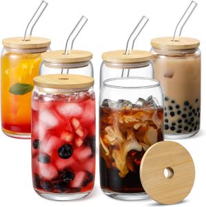 [ 6pcs Set ] Glass Cups with Bamboo Lids and Glass Straw - Beer Can Shaped 16 oz Iced Coffee Drinking Glasses Cute Tumbler Cup f