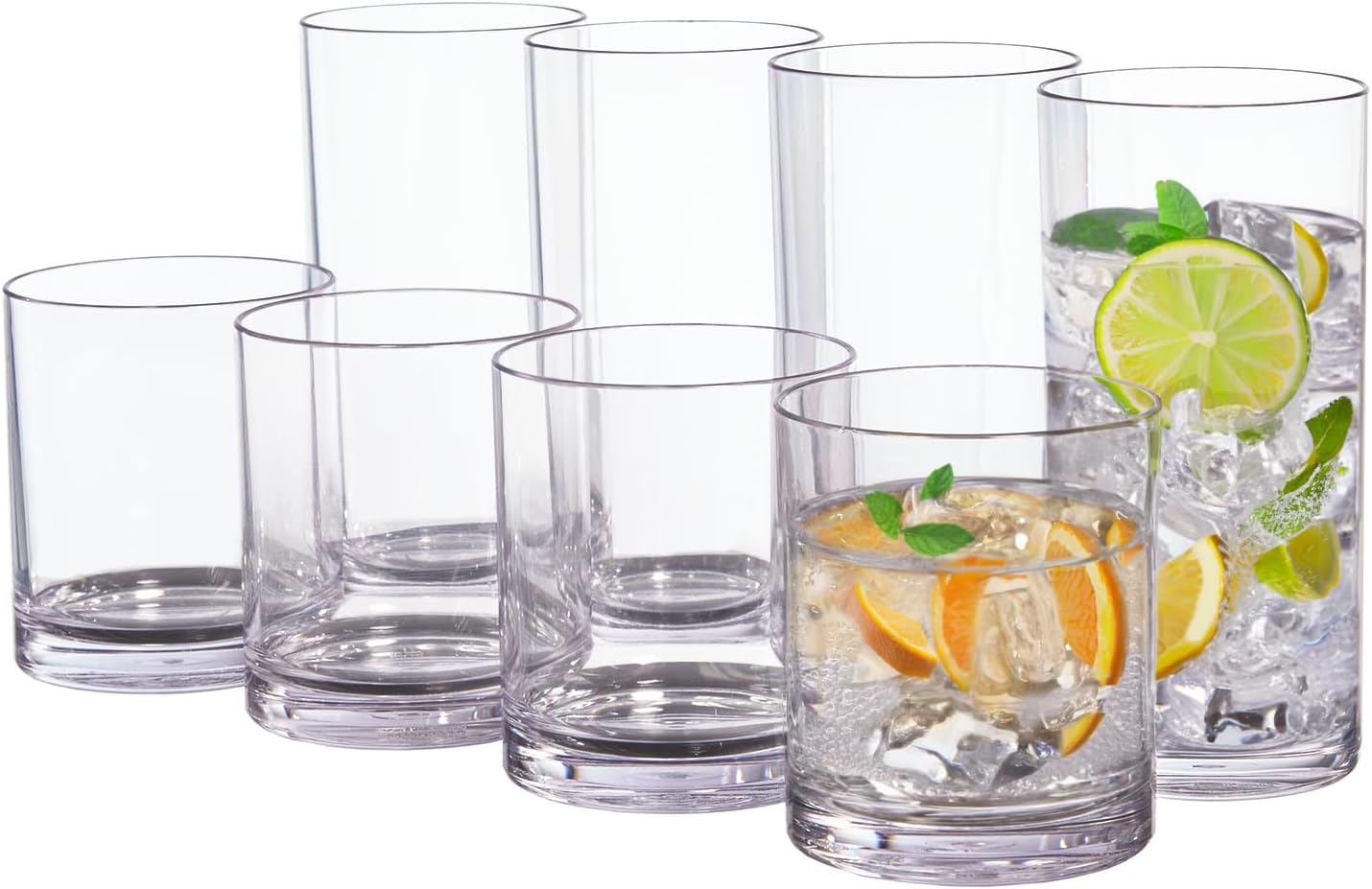 Classic ClearReusable Drinking Glasses (Set of 8) 12oz Rocks & 16oz Water Cups | BPA-Free Tumblers Made in USA | Top-Rack Dishwa