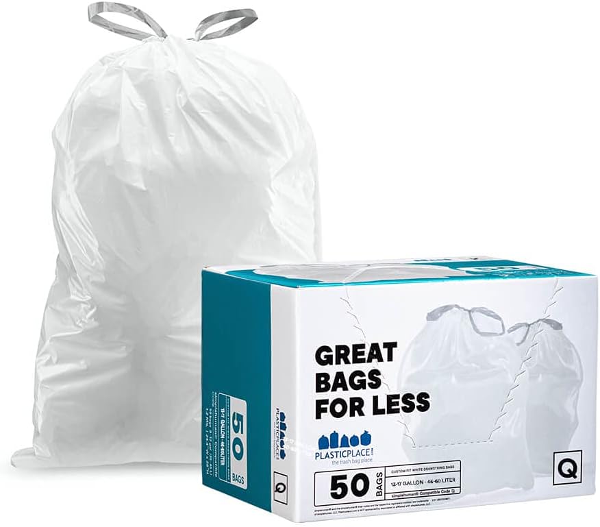 place Custom Fit Trash Bags Compatible withCode Q (50 Count) White Drawstring Garbage Liners 13-17 Gallon/ 40-65 Liter 25 x 325