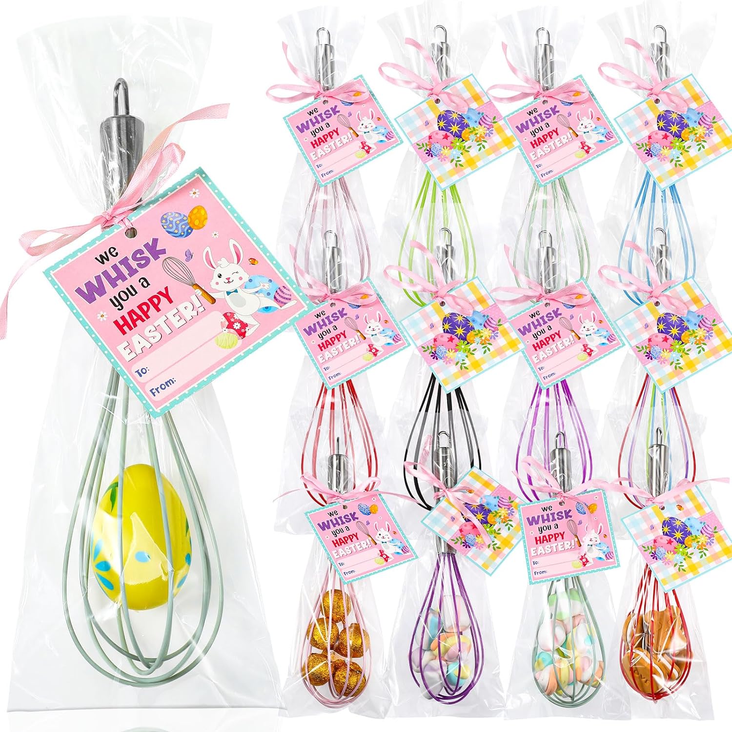 24 Sets Easter Party Favors 10 Inch DIY Silicone Whisks with Gift Cards Coated Metal for Cooking Heat Resistant Egg Beaters with