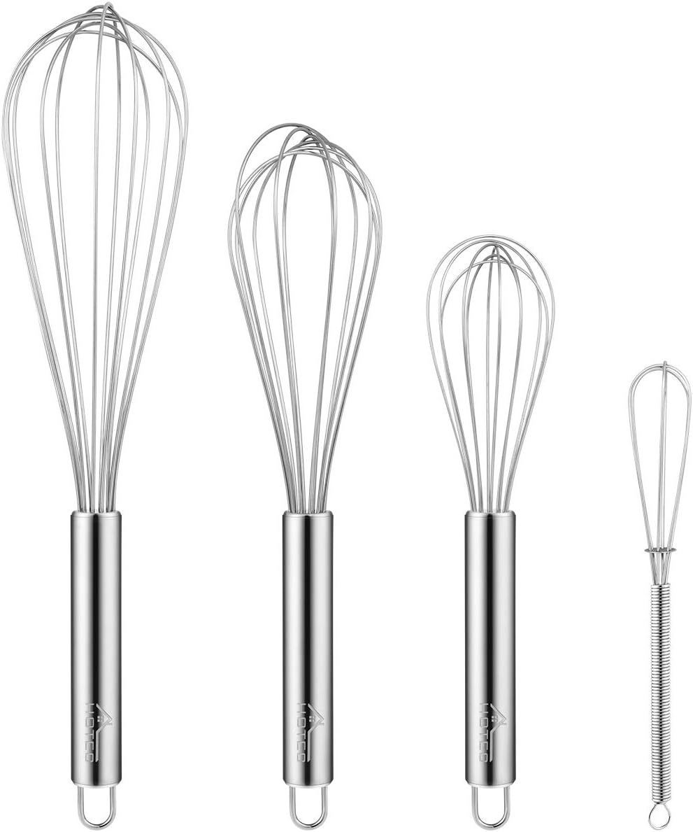 HOTEC 4 Pieces Stainless Steel Whisks Set Wire Whisk Balloon Whisk Egg Beater Kitchen Utensils for Stirring Beating Blending