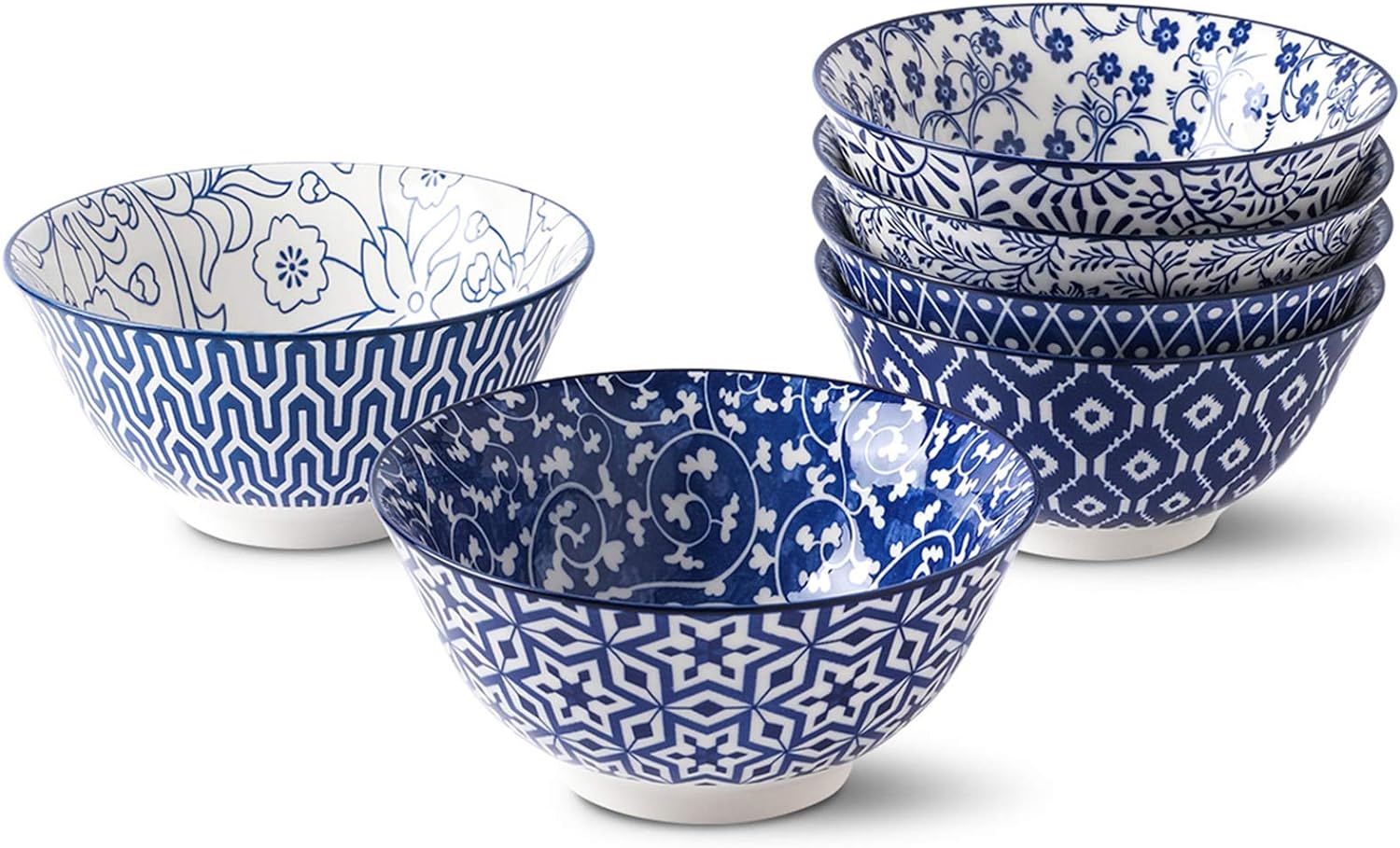 Selamica Blue and White Porcelain 20oz Cereal Bowl Set - Set of 6 6 inch Soup Bowls Ceramic bowls for Cereal Soup Salad and Past