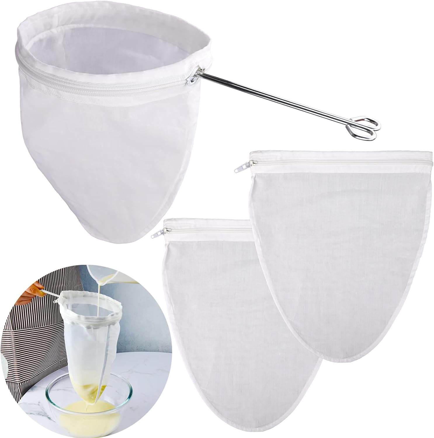 WMKGG Ultra Fine Reusable Filter Bags with Stainless Steel Handle for Nut Milk Coffee Milk Butter Juices and Fresh Cheese