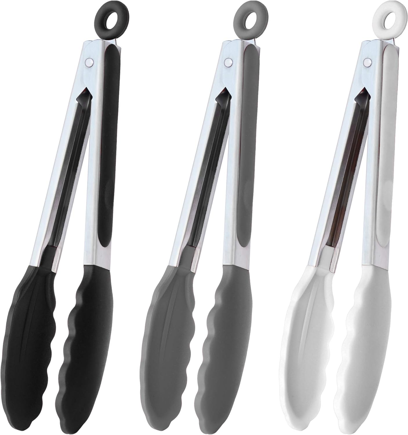 9-Inch Kitchen Cooking Tongs with Silicone Tips Set of 3 (Black White Gray)