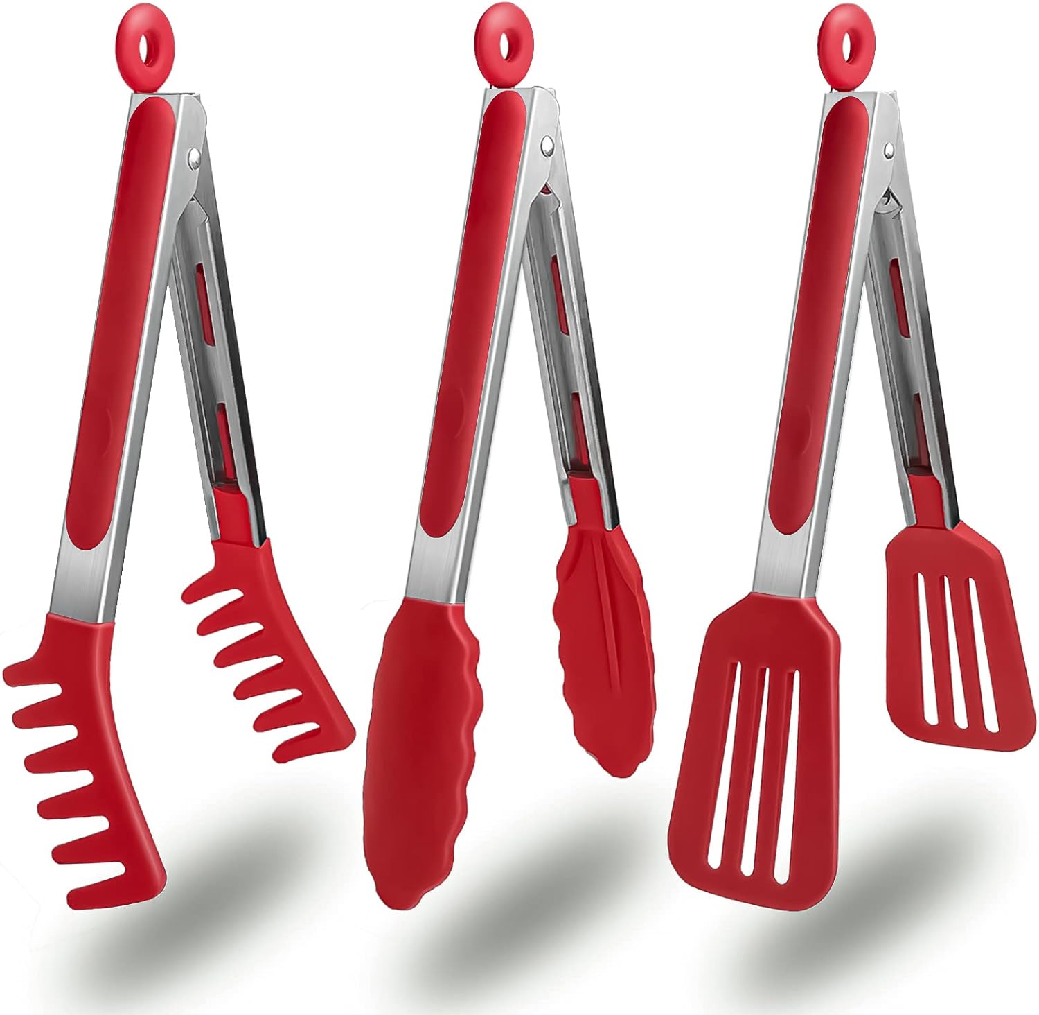 HST 3 Pack Kitchen Tongs Non Stick Stainless Steel 9 Inch Tongs With Silicone Tip for Cooking BBQ Baking(Red)