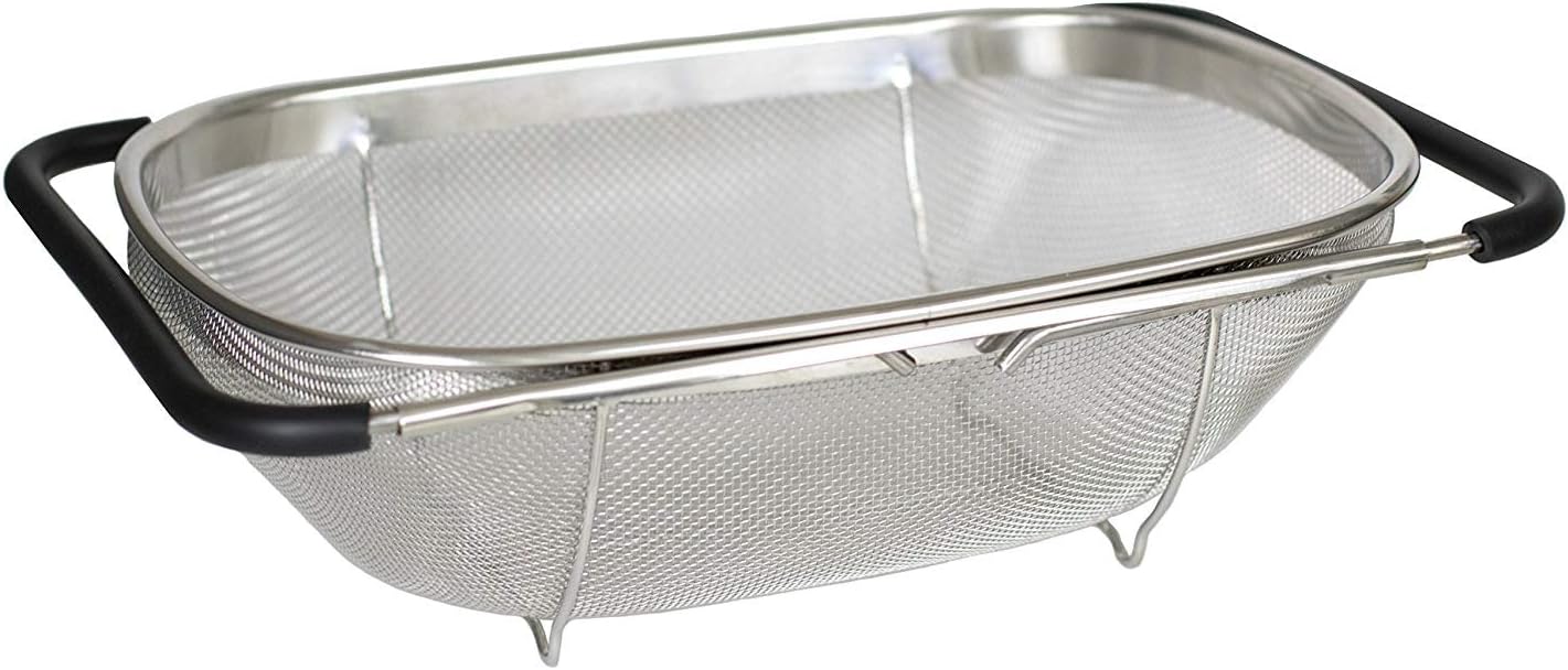 Over the Sink Colander with Expandable Rubber Grip Handles - Fine Mesh Oval Strainer in Stainless Steel -Drain Rinse Fruits and 