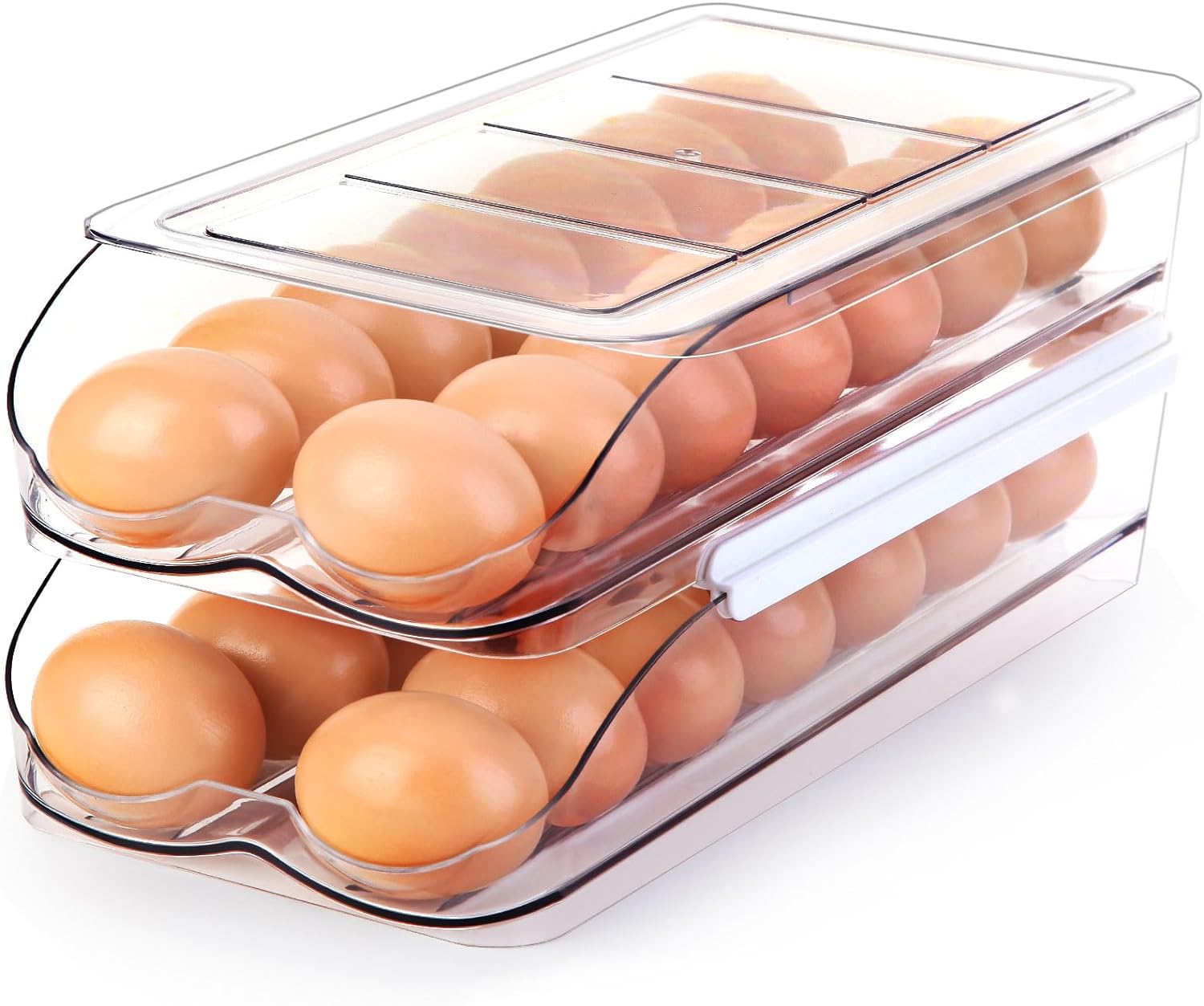 Egg Holder for Fridge Automatic Rolling Egg Container for Refrigerator Stackable Fridge Organizers and Storage with Lid ClearEgg