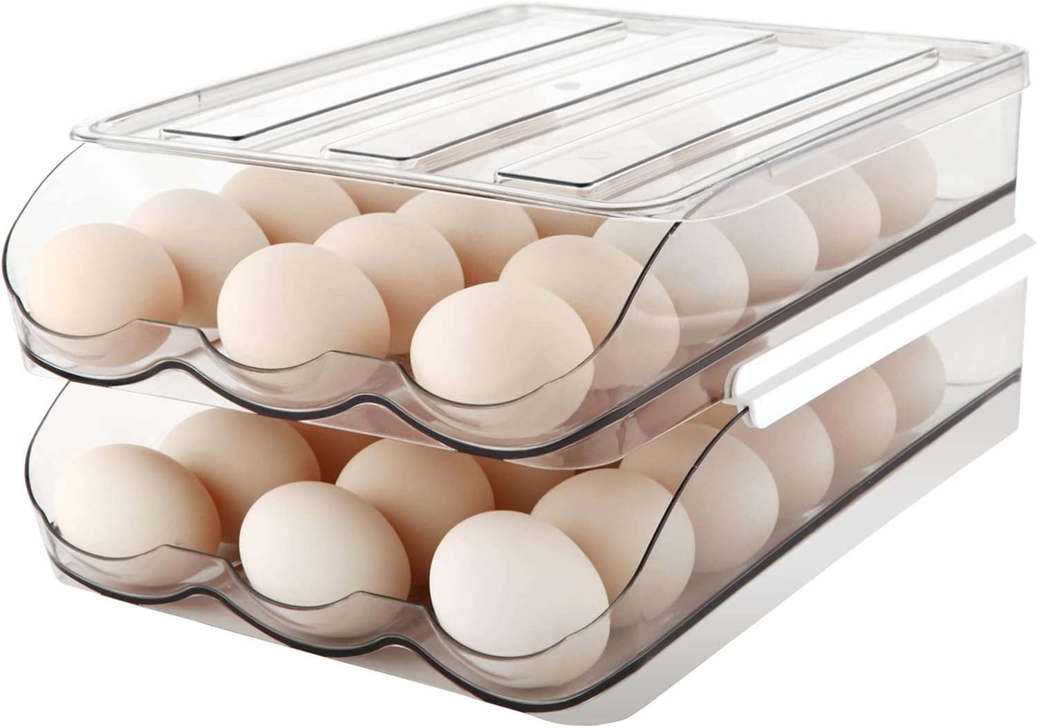 Egg HolderAutomatically Rolling Egg Storage Container for RefrigeratorLarge Capacity Organizer for Fridge with LidClearEgg Dispe